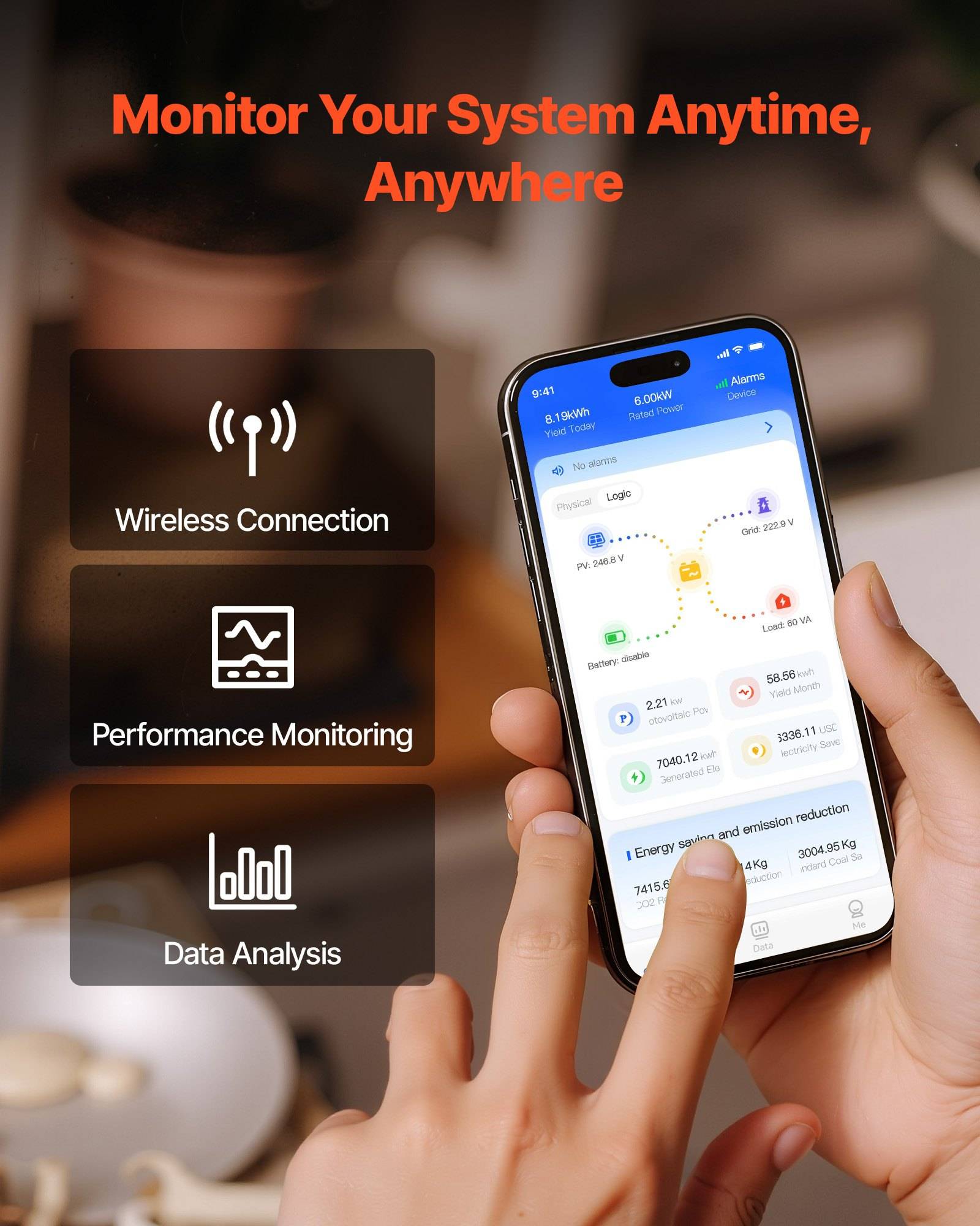 Werbebild einer Person, die eine Smartphone-App verwendet, um ein System aus der Ferne zu überwachen, mit Text, der kabellose Verbindung, Leistungsüberwachung und Datenanalyse hervorhebt.
