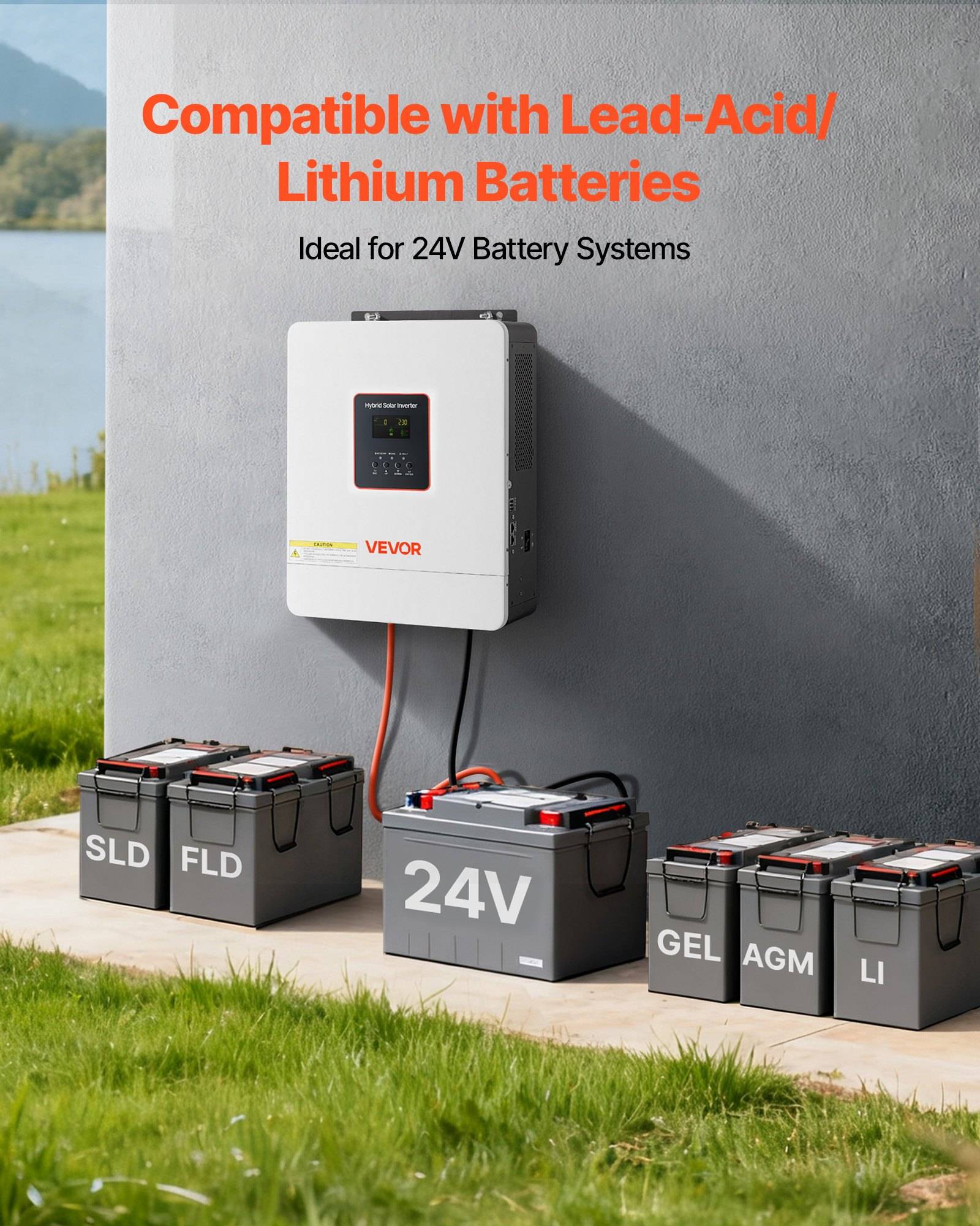 Werbebild eines wandmontierten VEVOR-Batteriesystems mit der Bezeichnung "Kompatibel mit Blei-Säure-/Lithium-Batterien"" und ""Ideal für 24-V-Batteriesysteme"", darunter 24-V-, SLD-, FLD-, GEL-, AGM- und LI-Batterien.