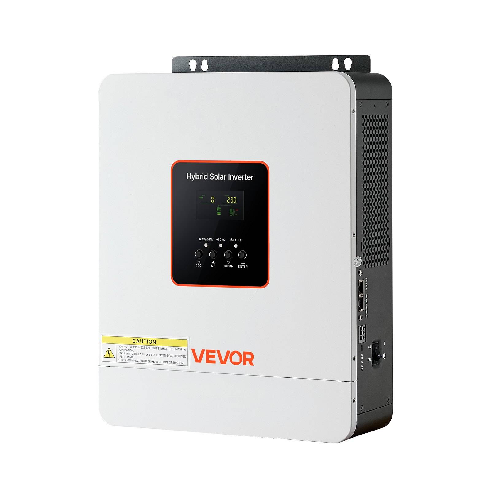 Weißer VEVOR Hybrid-Solarwechselrichter mit frontalem Display und Bedienfeld, in Dreiviertelseitenansicht vor weißem Hintergrund dargestellt.