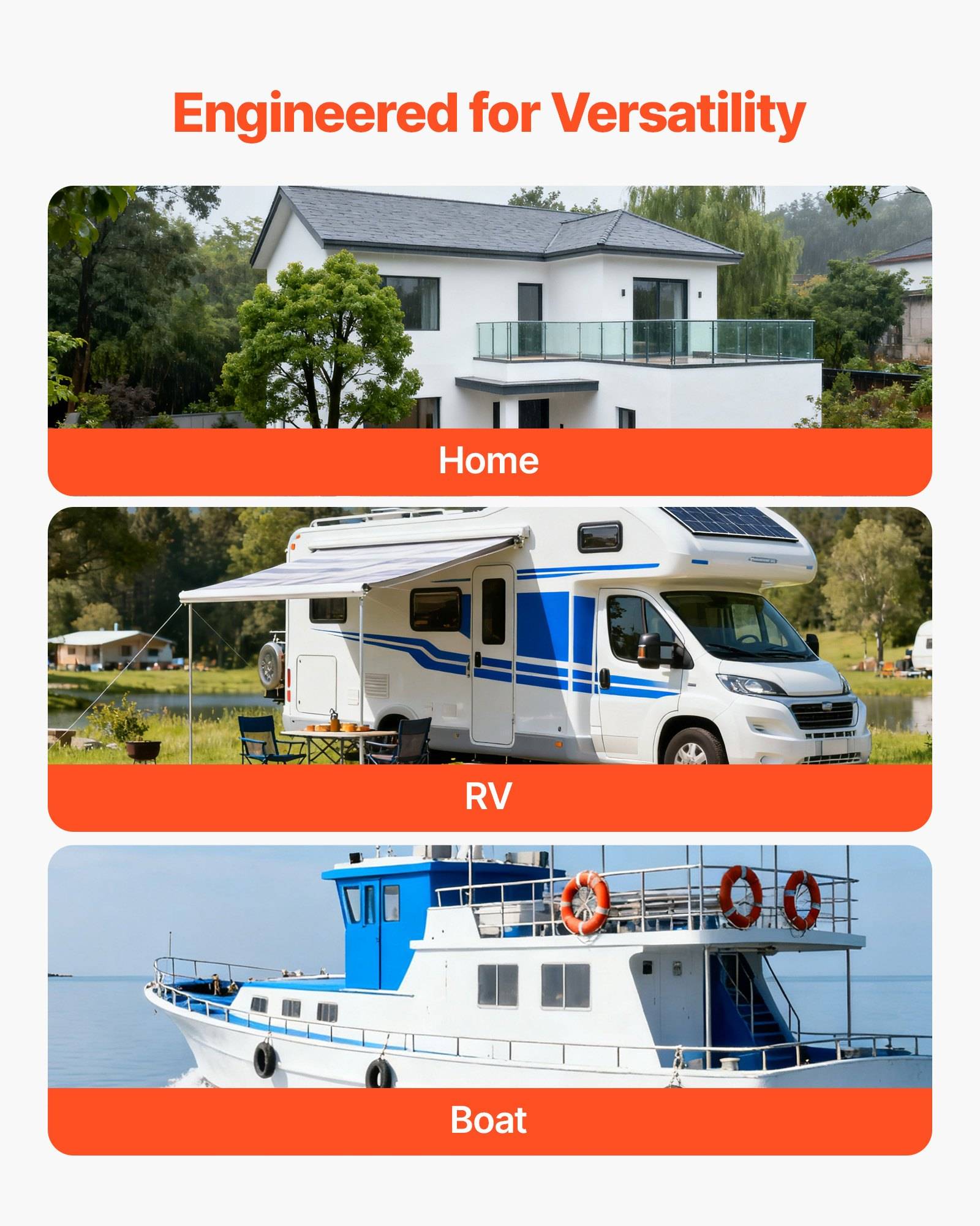 Drei gestapelte Bilder mit den Bezeichnungen Haus, Wohnmobil und Boot unter der Überschrift „Entwickelt für Vielseitigkeit", die die Verwendung für Haus-, Wohnmobil- und Bootanwendungen zeigen.