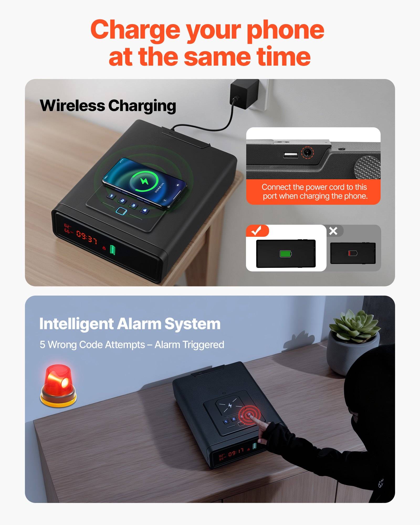 Werbebild eines intelligenten Safes mit kabellosenem Handyaufladen und einem intelligenten Alarmsystem, das nach 5 falschen Codeeingaben ausgelöst wird.