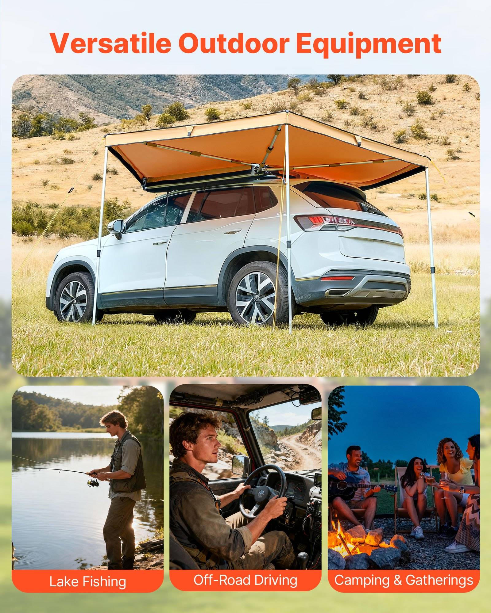 Promotional-Collage mit dem Titel „Vielseitige Outdoor-Ausrüstung" zeigt ein Auto mit einer Markise und drei Verwendungszwecke: Seefischen, Geländefahren und Camping-Zusammenkünfte.