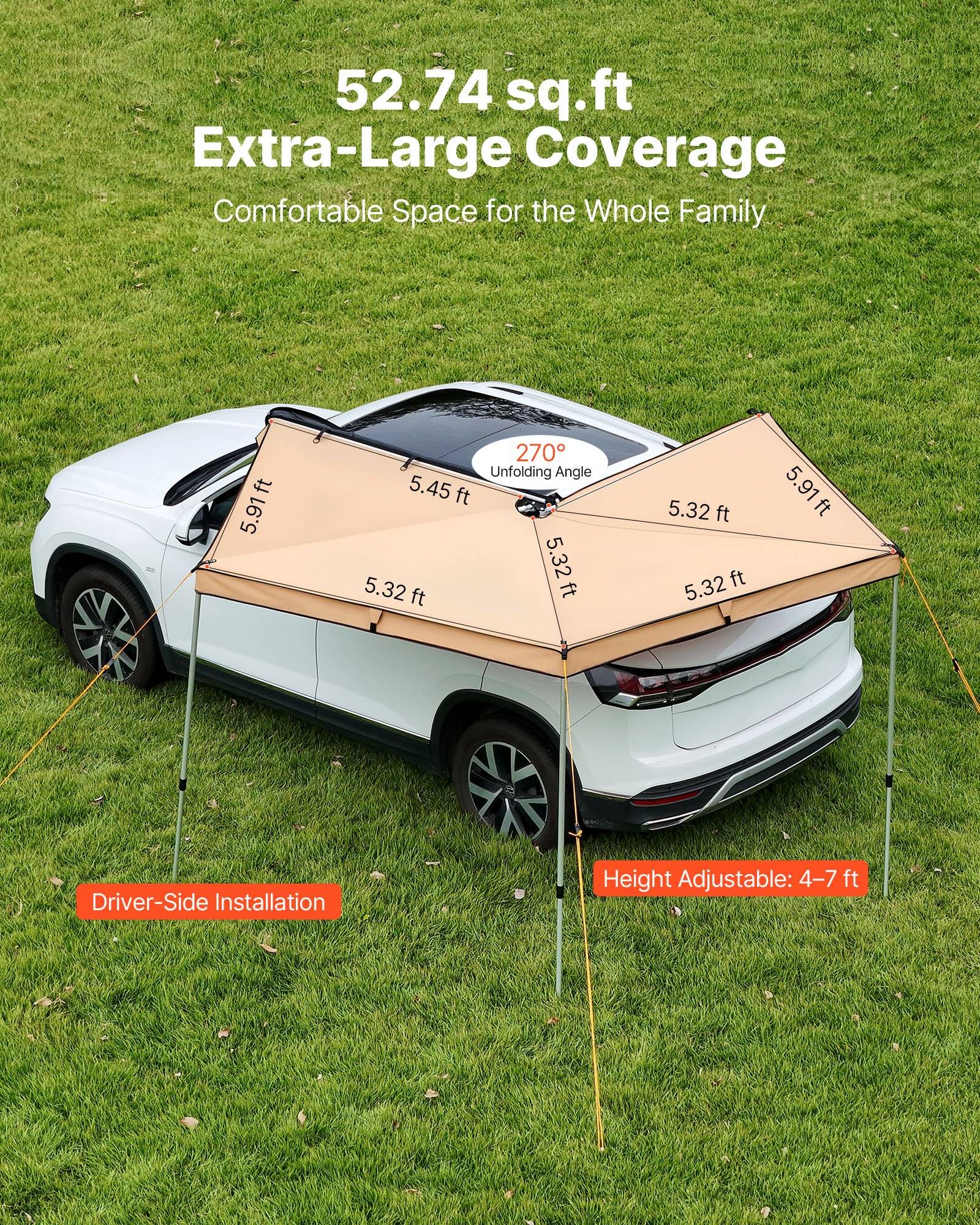 Autovordach/Zeltmarkise mit Dachmontagierung auf weißem SUV, gekennzeichnet mit 52,74 Quadratfuß extragroßer Abdeckung, 270° Entfaltungswinkel, verstellbare Höhe 4-7 Fuß und Montage auf der Fahrerseite.