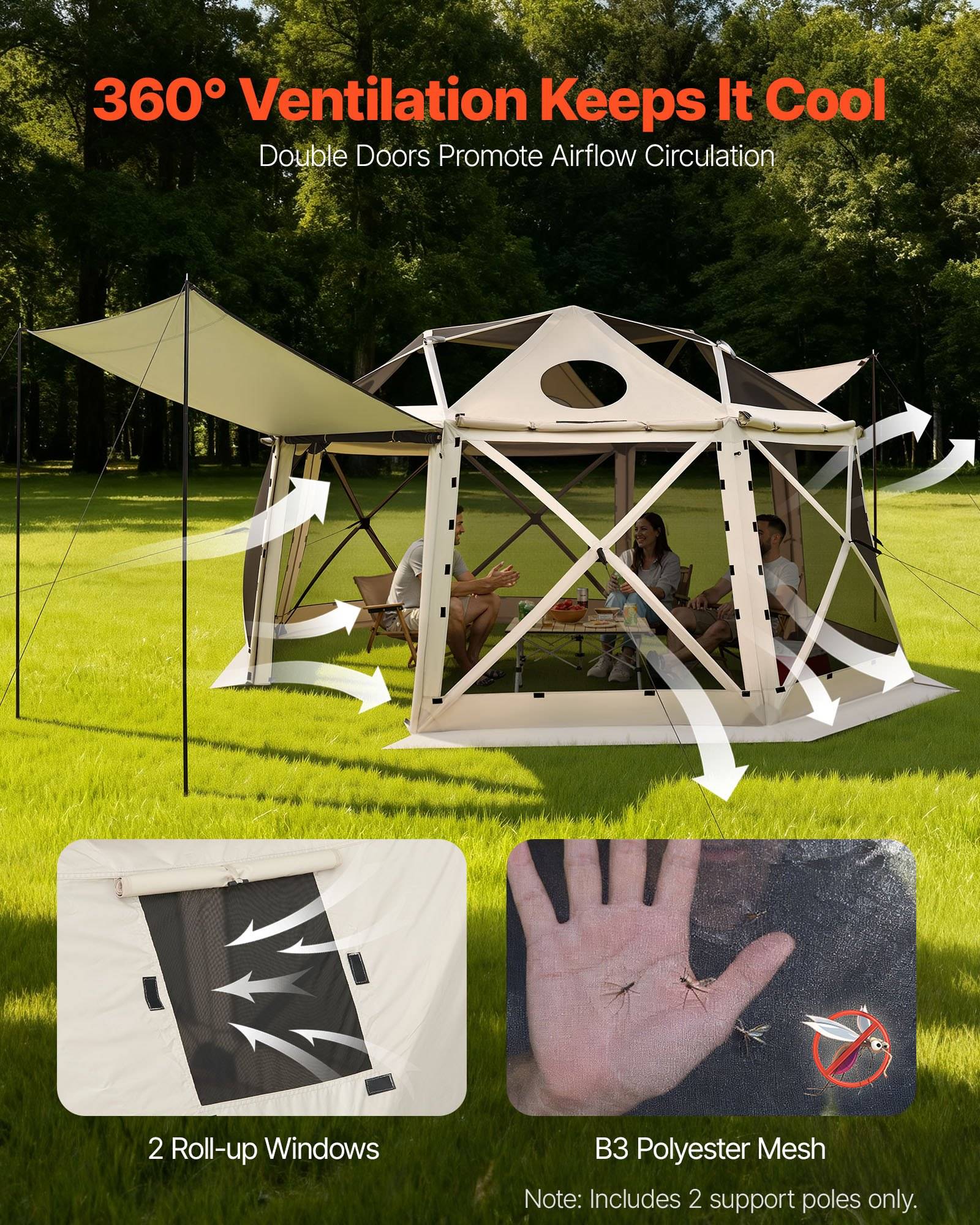 Anzeige für ein belüftetes Outdoor-Schutzzelt mit Doppeltüren, hochrollbaren Fenstern und B3-Polyestergewebe; Pfeile zeigen 360-Grad-Luftstrom.