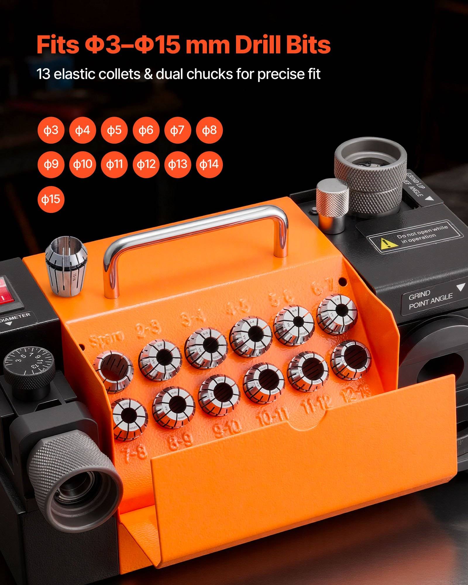 Produktfoto eines Bohrfutter-Spannzangensatzes mit orangefarbenem Halter, beschriftet mit „Passt für Φ3-Φ15 mm Bohrer" und „13 elastische Spannzangen & Doppelspannfutter für präzise Passform"".