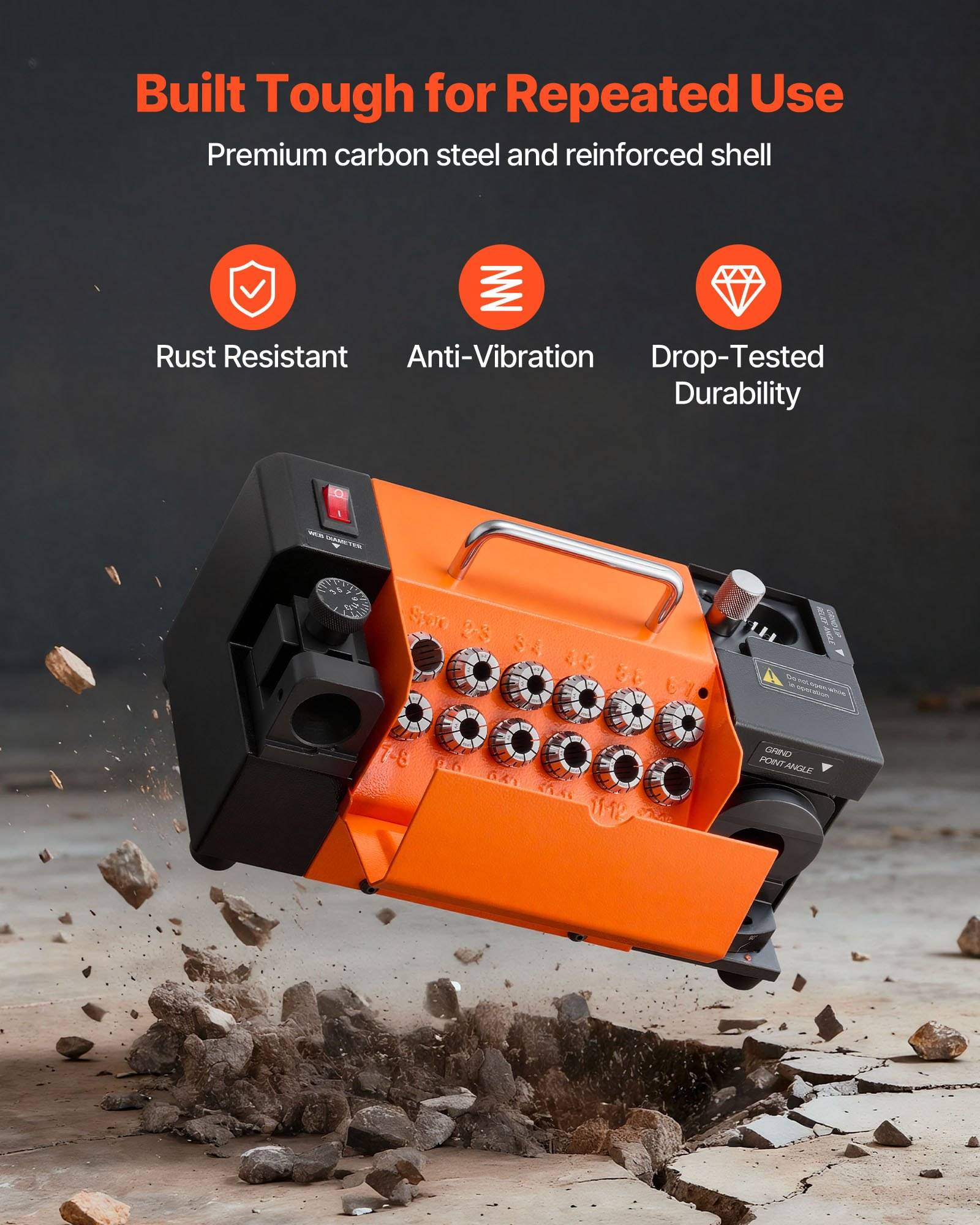Orange und schwarze Maschine, die durch Trümmer springt, bewirbt Haltbarkeit mit dem Text „Robust gebaut für wiederholte Nutzung" und Symbolen für Rostbeständigkeit, Antivibration und Falltest-geprüfte Haltbarkeit.