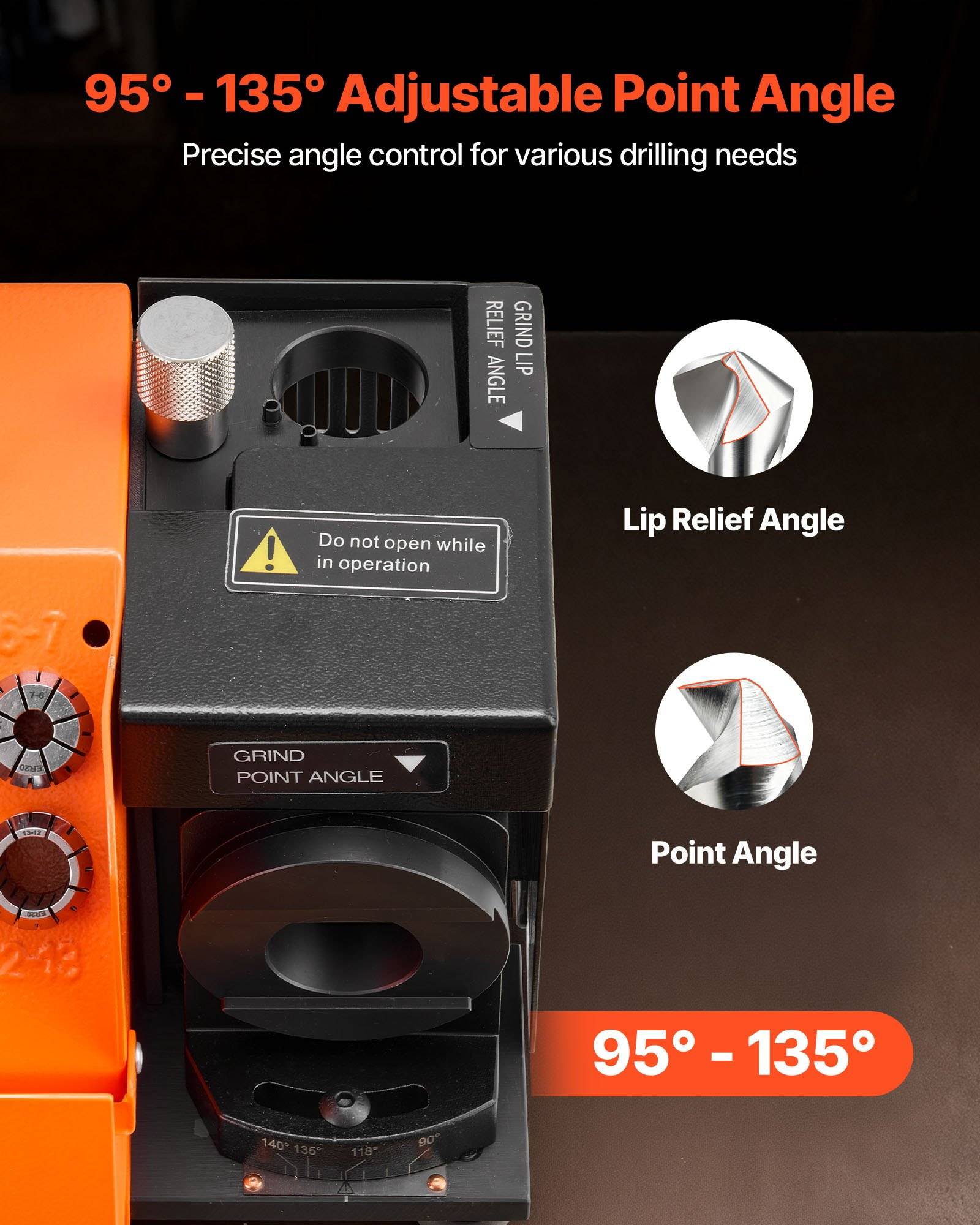 Werbebild einer Schleifmaschine für Bohrerspitzen mit einstellbarem Spitzenwinkel von 95°–135°, mit Beschriftungen für „Freistich-Winkel" und „Spitzenwinkel"" sowie einer Warnung „Nicht während des Betriebs öffnen"".