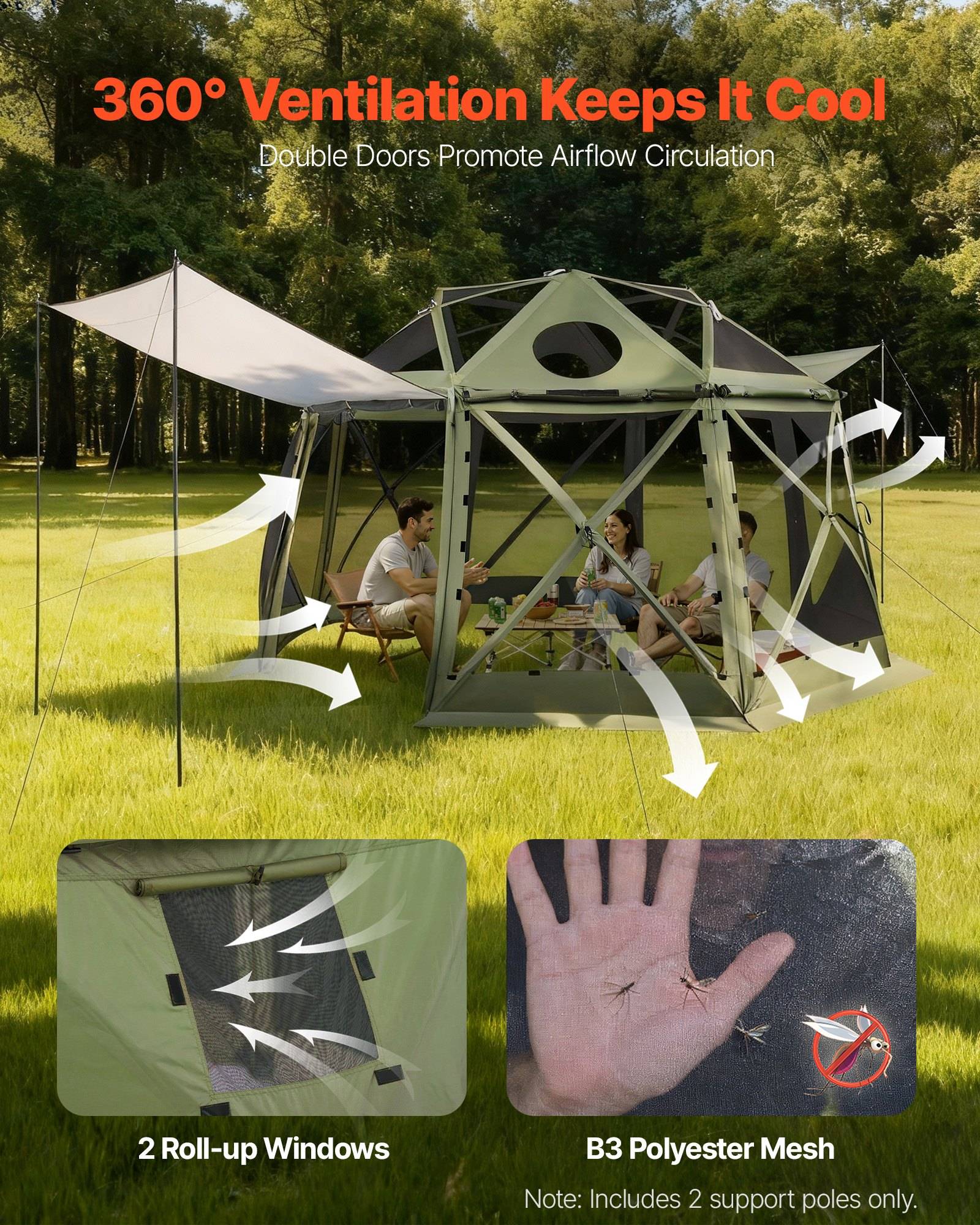 Campingzelt mit „360°-Belüftung hält es kühl" Text, zeigt Doppeltüren, 2 Roll-up-Fenster und B3-Polyestergewebe für Luftzirkulation in einer grasbewachsenen Außenumgebung.
