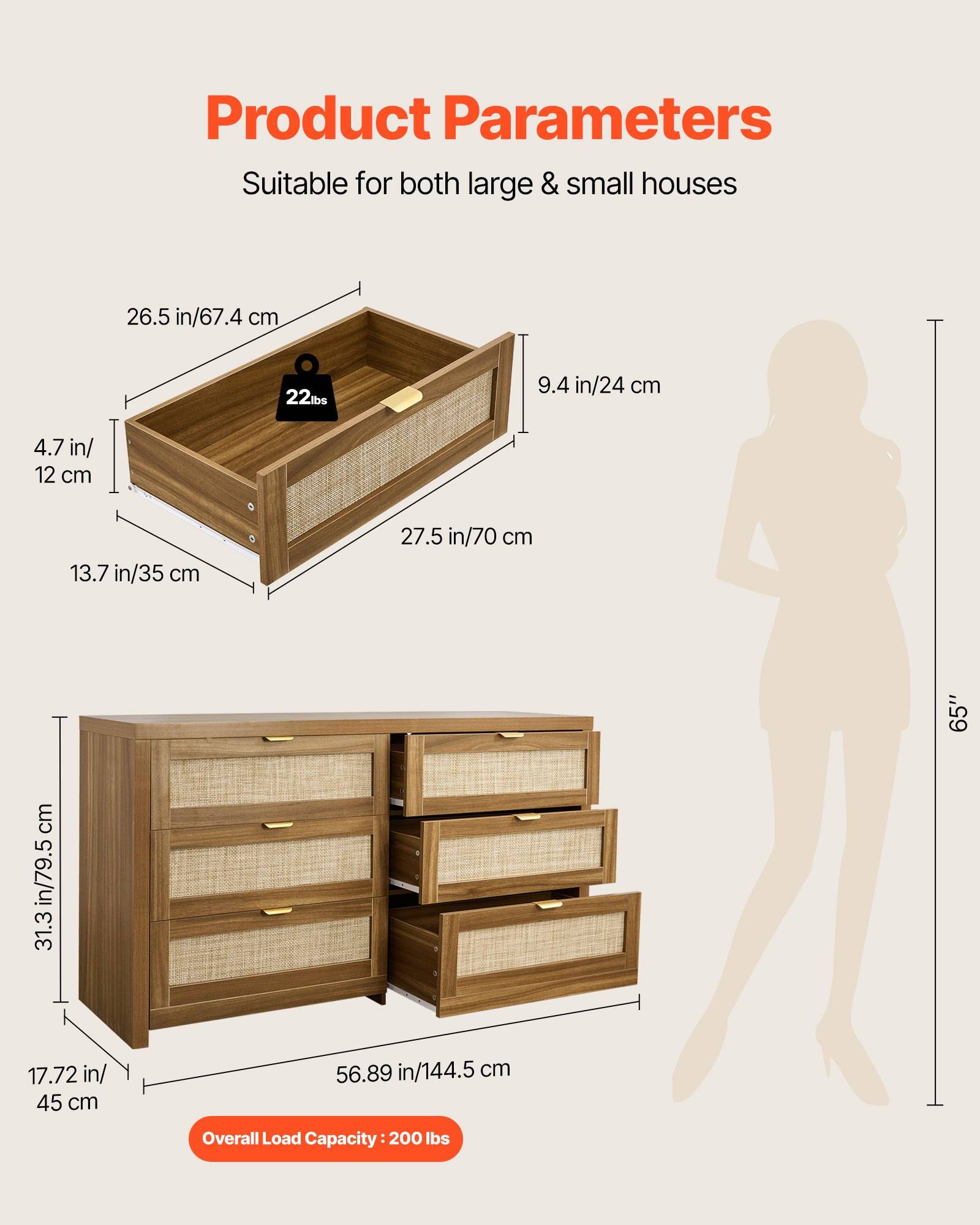 Produktparameter für ein hölzernes Speicherbett: kompaktes Bettgestell 70 x 35 x 24 cm und Kommode 144,5 x 45 x 79,5 cm, Tragfähigkeit 200 lbs, menschliche Silhouette zur Größendarstellung.