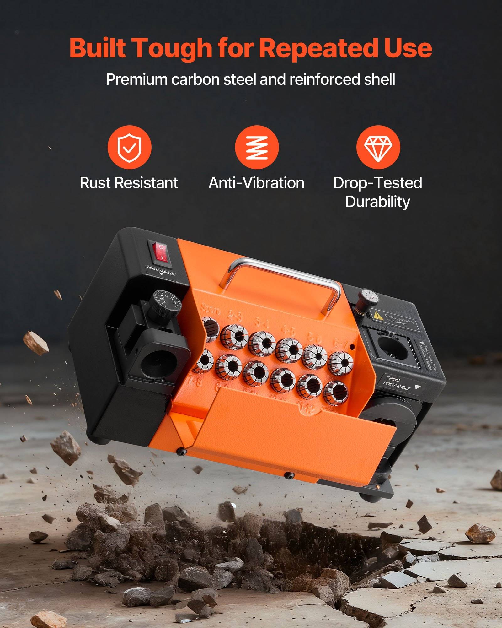 Orange-schwarze robuste Maschine bei mittlerem Fallaufprall dargestellt, mit Text, der behauptet, dass sie „für wiederholte Verwendung robust gebaut" ist, rostbeständig, vibrationsgedämmt und einer Fallprüfung auf Haltbarkeit unterzogen wurde.