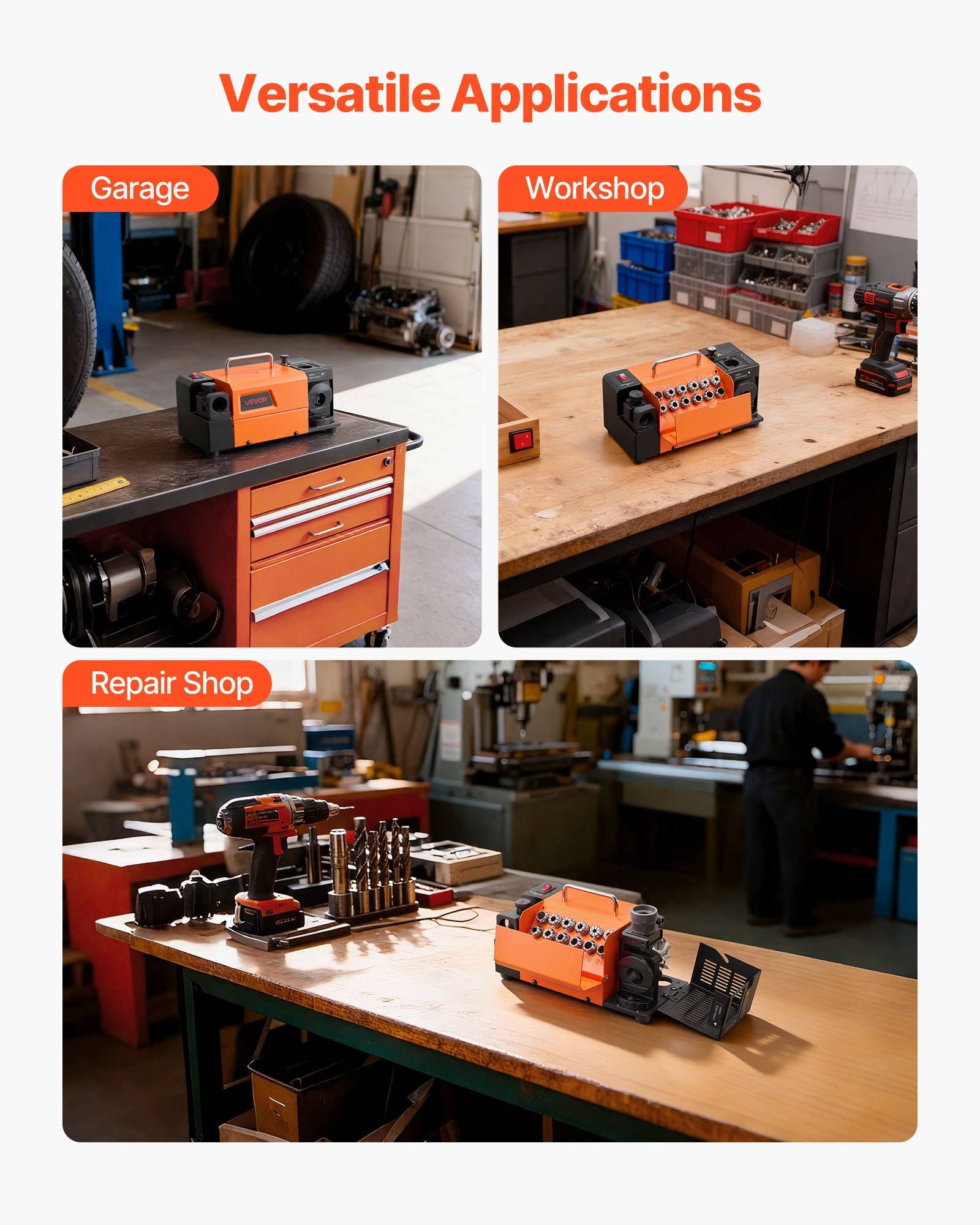 Infografik mit dem Titel "Vielseitige Anwendungen"" zeigt ein tragbares orangefarbenes Gerät, das in einer Garage, Werkstatt und Reparaturwerkstatt verwendet wird.