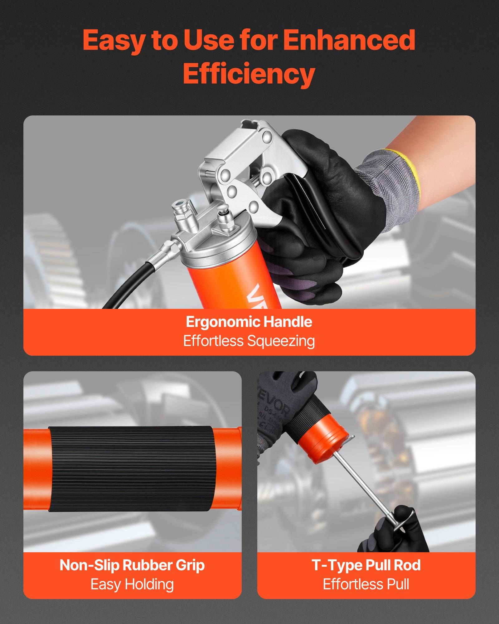 Werbegrafik zeigt eine Hand, die eine orangefarbene Fettpresse benutzt, wobei der ergonomische Griff und die rutschfeste Gummioberfläche hervorgehoben werden, sowie eine T-förmige Zuglange für einfacheres Drücken und Ziehen.