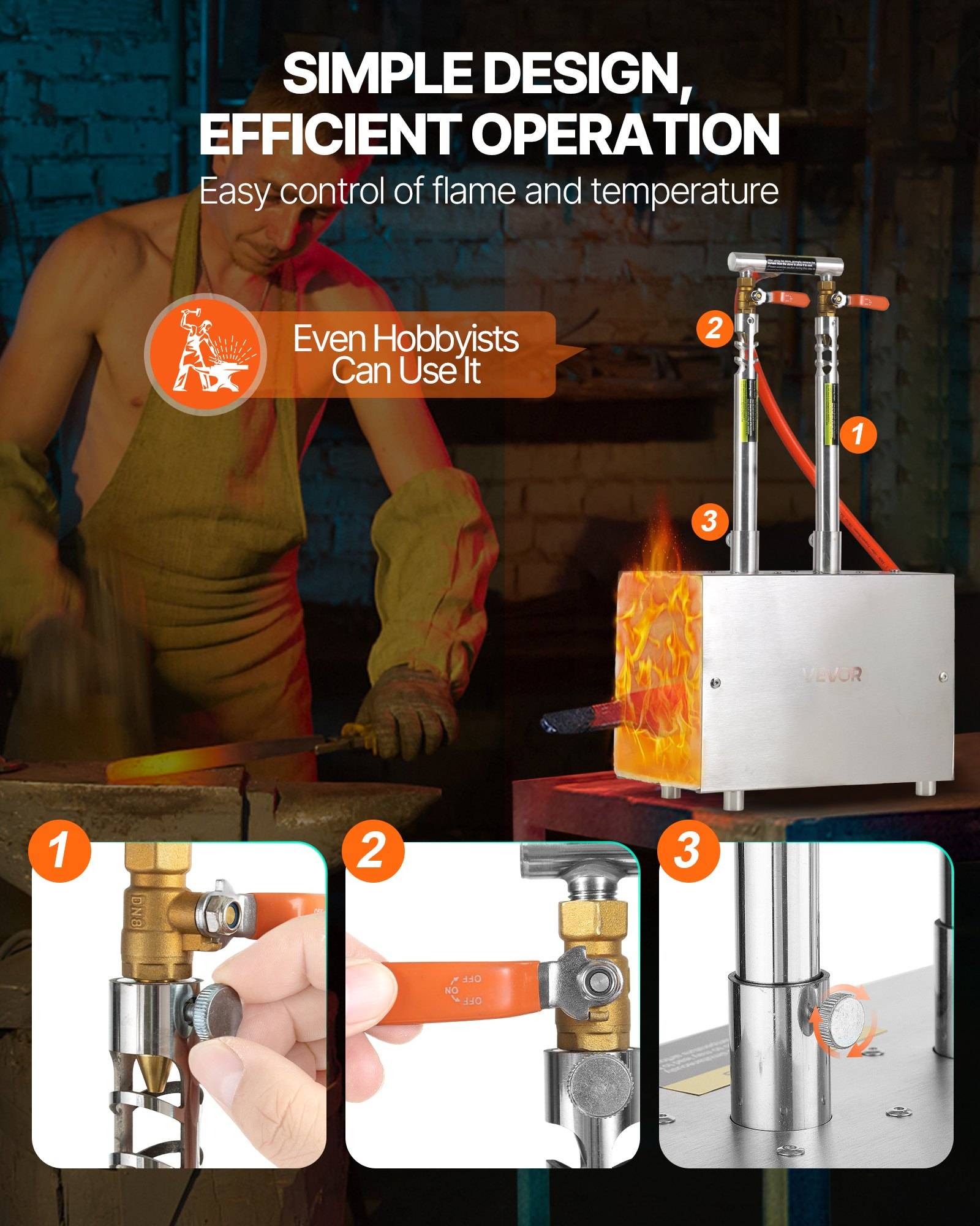 Promotionsposter für ein kompaktes Metallflammgerät, auf dem eine Person es verwendet und mit Beschriftungen die einfache Bedienung und Temperaturregelung zeigt, mit dem Label "Auch Hobbyanwender können es verwenden"".