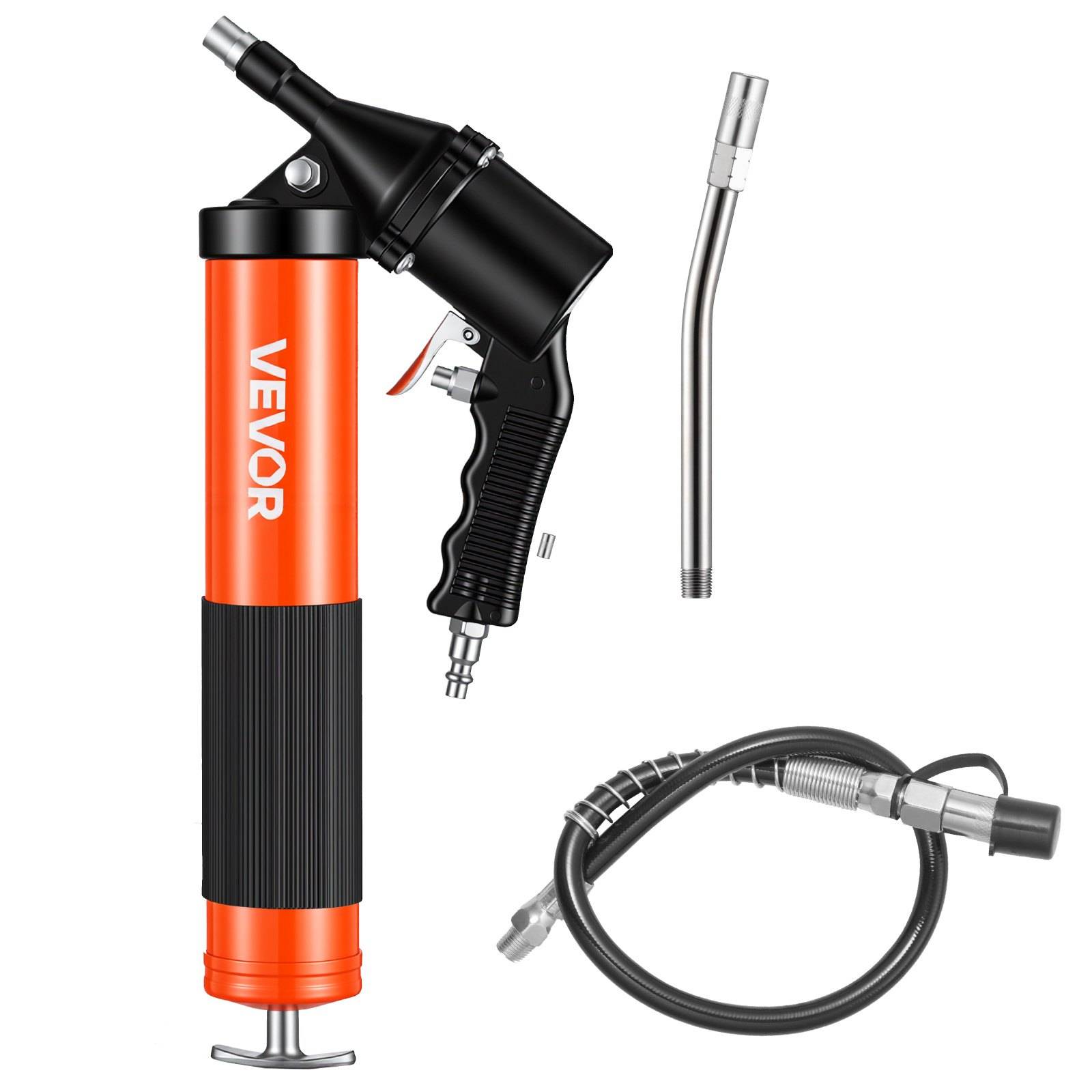Orange-schwarze VEVOR pneumatische Vakuum-/Pumpenpistole mit Abzuggriff, Metalldüse, gebogenem Rohr und aufgerolltem Schlauchanschluss auf weißem Hintergrund.