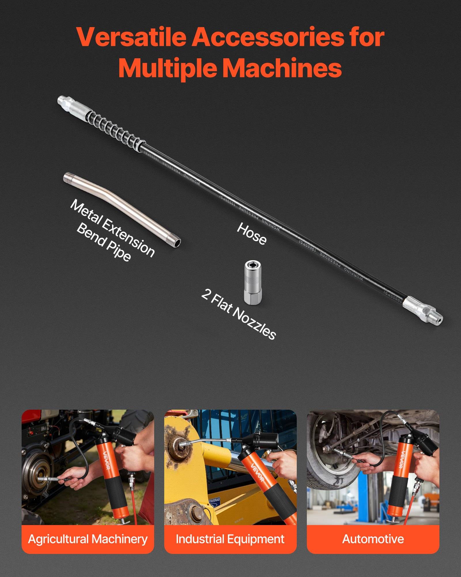 Zubehörsatz für mehrere Maschinen mit einem Schlauch, metallischem Verlängerungsrohr mit Biegung und zwei flachen Düsen, mit Beispielen für die Verwendung in Landmaschinen, Industrieanlagen und im Automobilbereich.