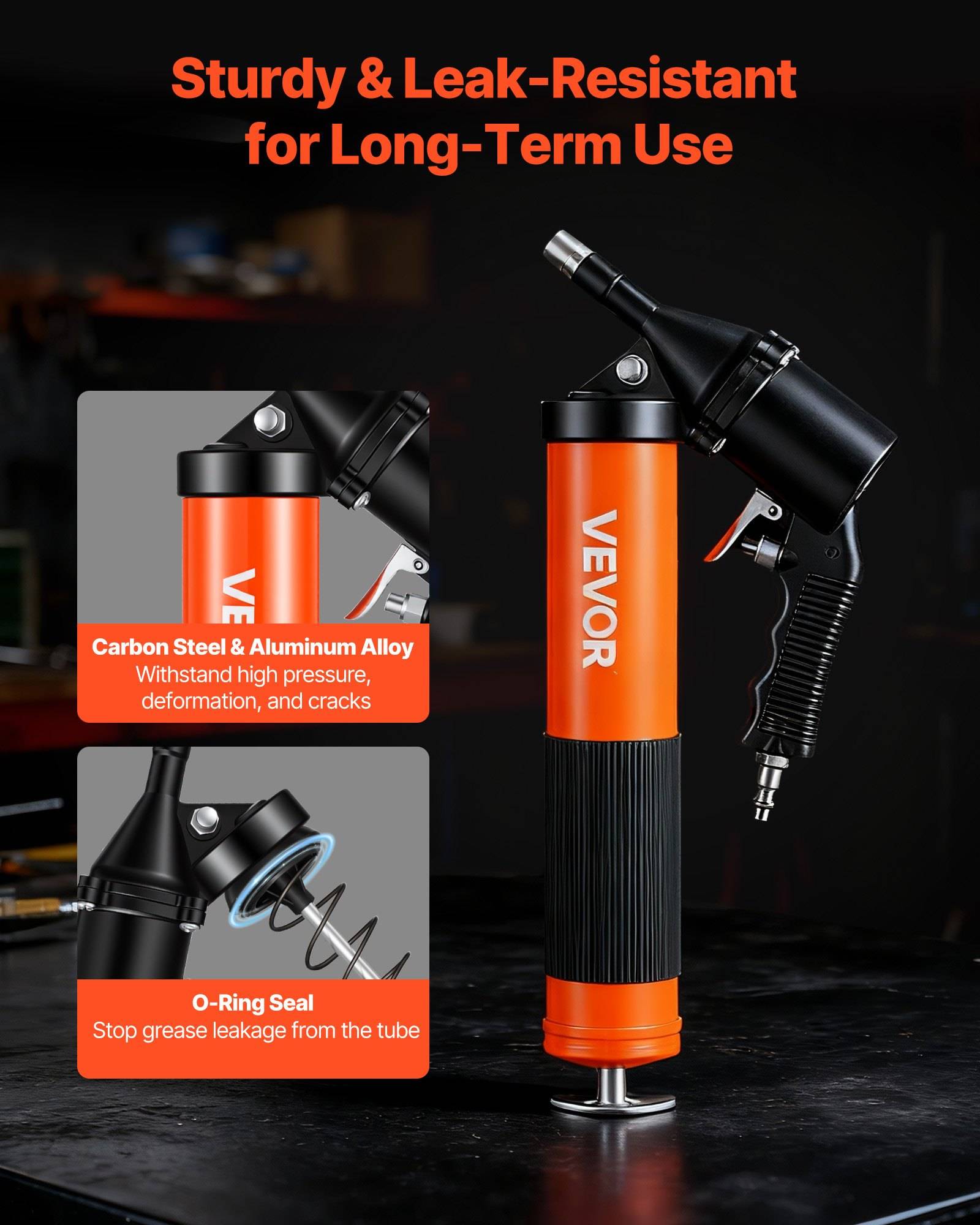 Werbebild einer VEVOR Handpumpe mit dem Text "Robust & Undicht-resistent für den Langzeitgebrauch"", wobei die Konstruktion aus Kohlenstoffstahl und Aluminium-Legierung sowie die O-Ring-Dichtung zur Undichtheitsprävention hervorgehoben werden.
