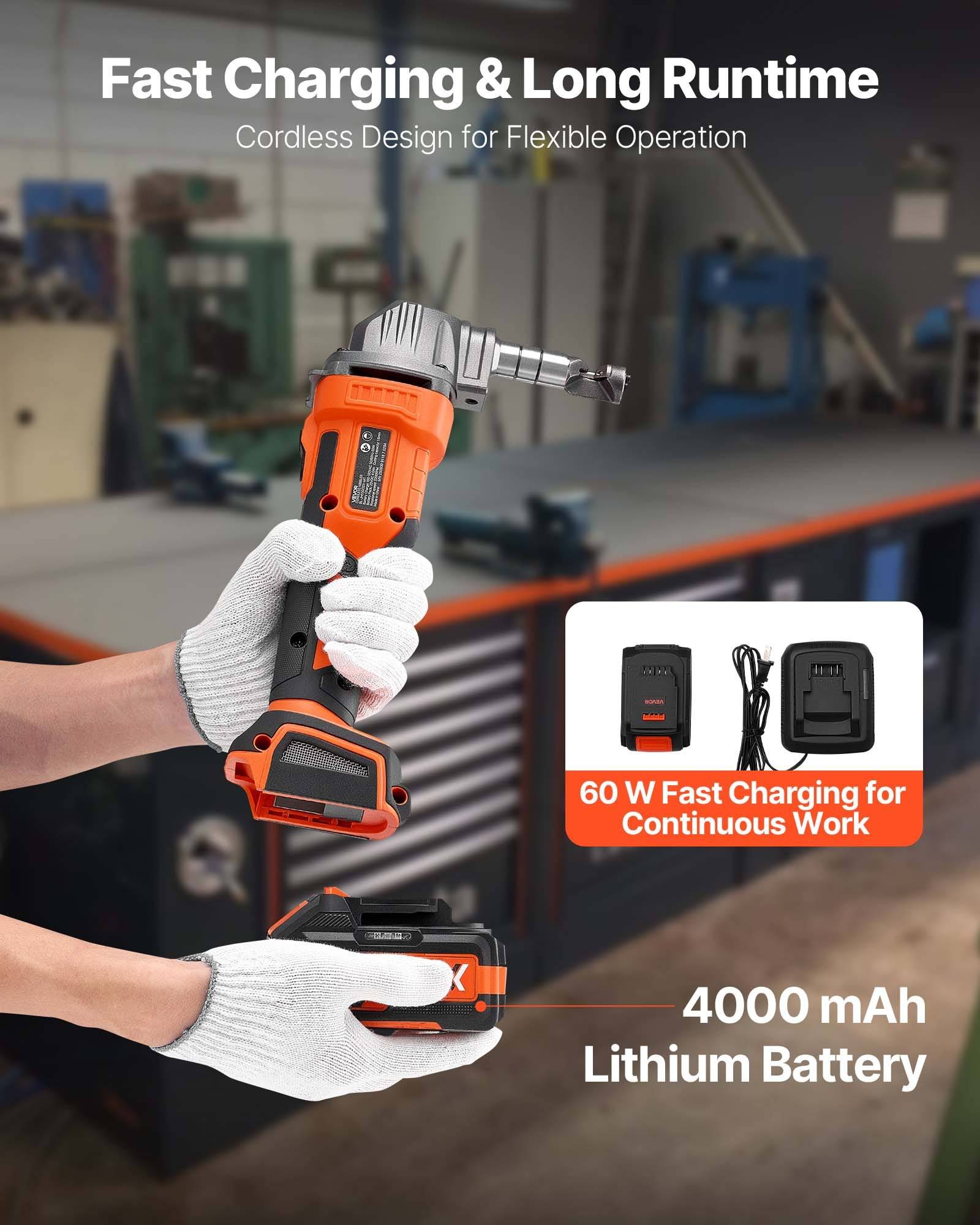 Werbung für ein kabelloses Elektrowerkzeug mit dem Text „Schnelles Laden & Lange Laufzeit", Hervorhebung eines 60-W-Ladegeräts und eines Lithium-Akkus mit 4000 mAh.