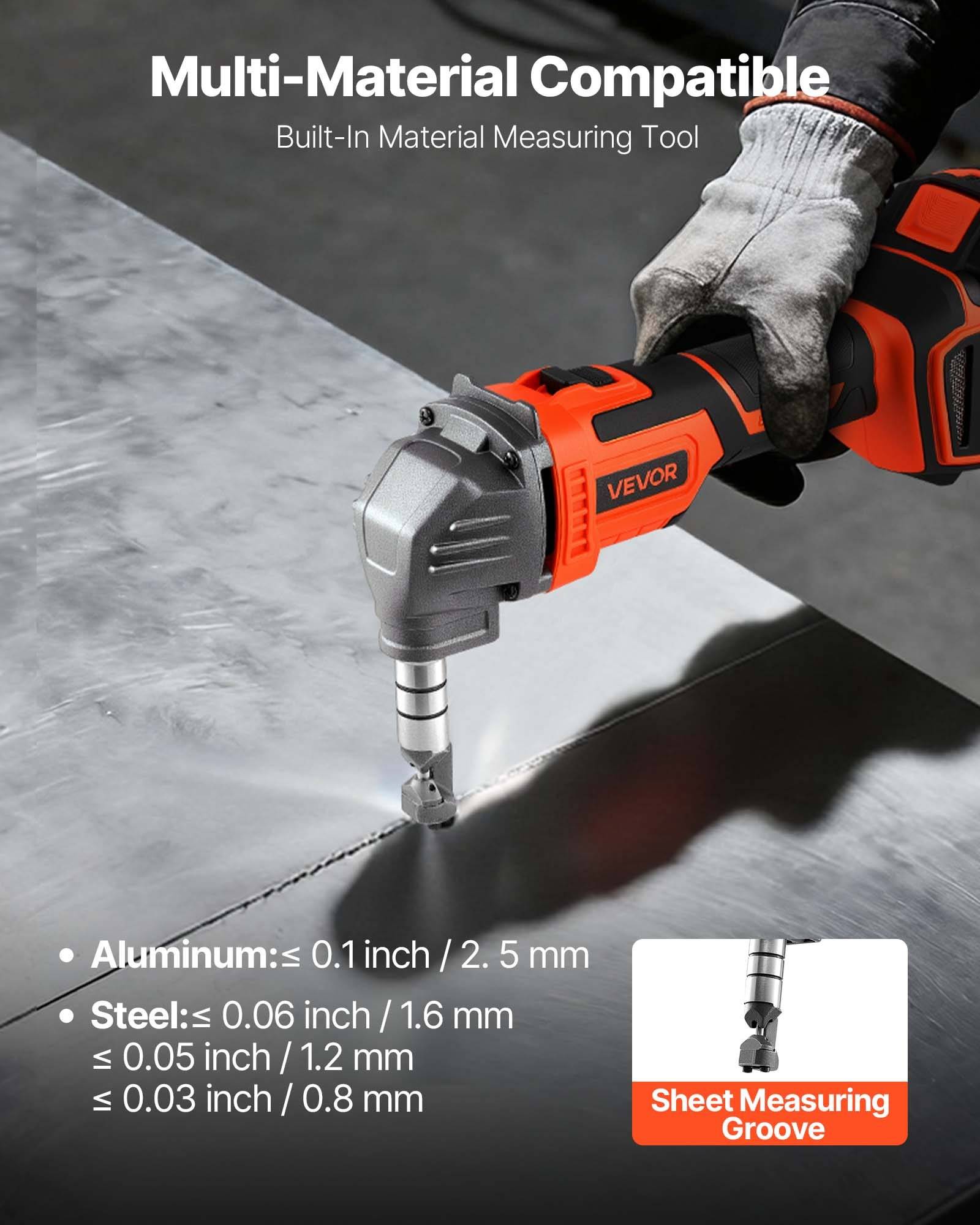 Tragbares VEVOR-Blechmesswerkzeug, das ein Metallblech schneidet, mit dem Text „Multi-Material-kompatibel" und Materialdickengrenzwerten für Aluminium und Stahl.