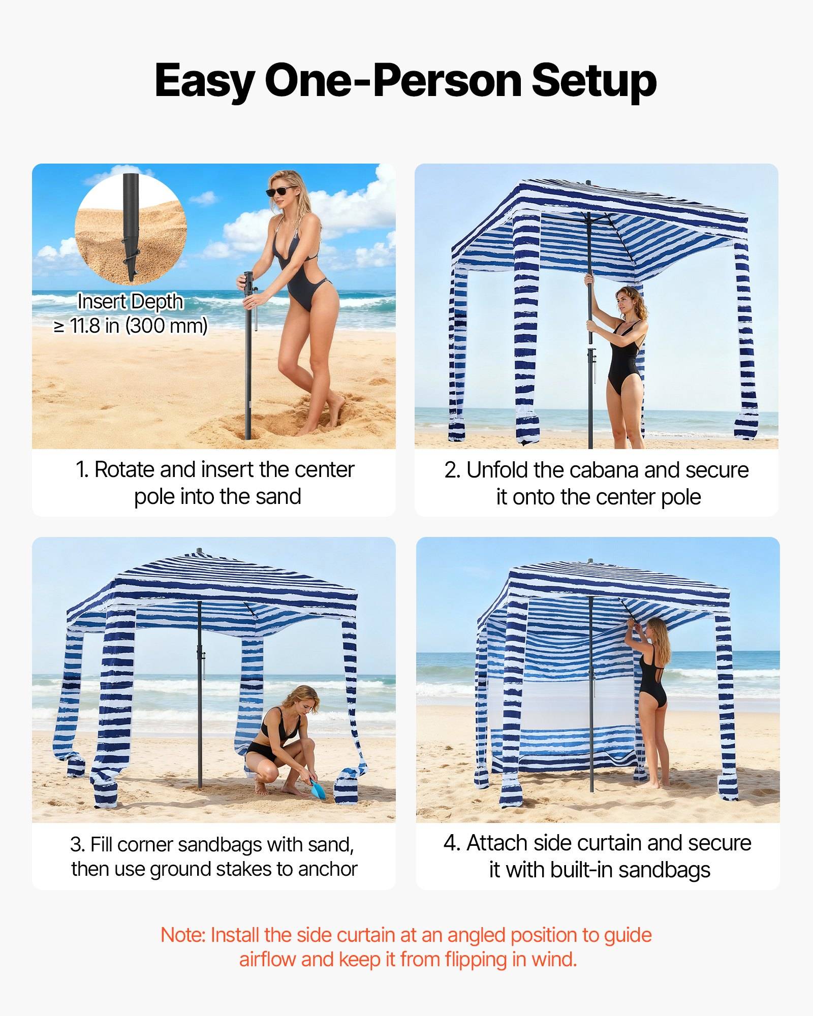 Anleitung zur einfachen Aufstellung eines Strandpavillons durch eine Person in vier Schritten: Mittelpfosten 11,8 cm in den Sand einsetzen, Dach ausklappen und sichern, Eckgewichte mit Sand füllen und Heringe verwenden, dann Seitenschleier und Sandsäcke anbringen; beachten Sie den schrägen Vorhang für Luftzirkulation und Windstabilität.