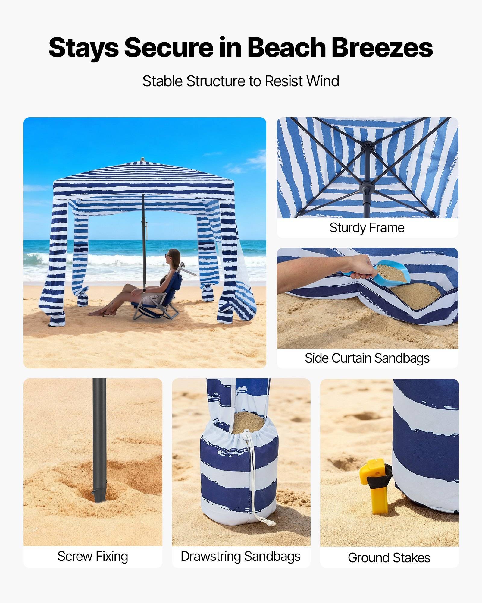 Infografik, die ein Strandzeltz zeigt, das entwickelt wurde, um bei Wind sicher zu bleiben, mit einem stabilen Rahmen, seitlichen Vorhängen mit Sandsäcken, Schraubenbefestigung, Kordelzug-Sandsäcken und Erdankern.