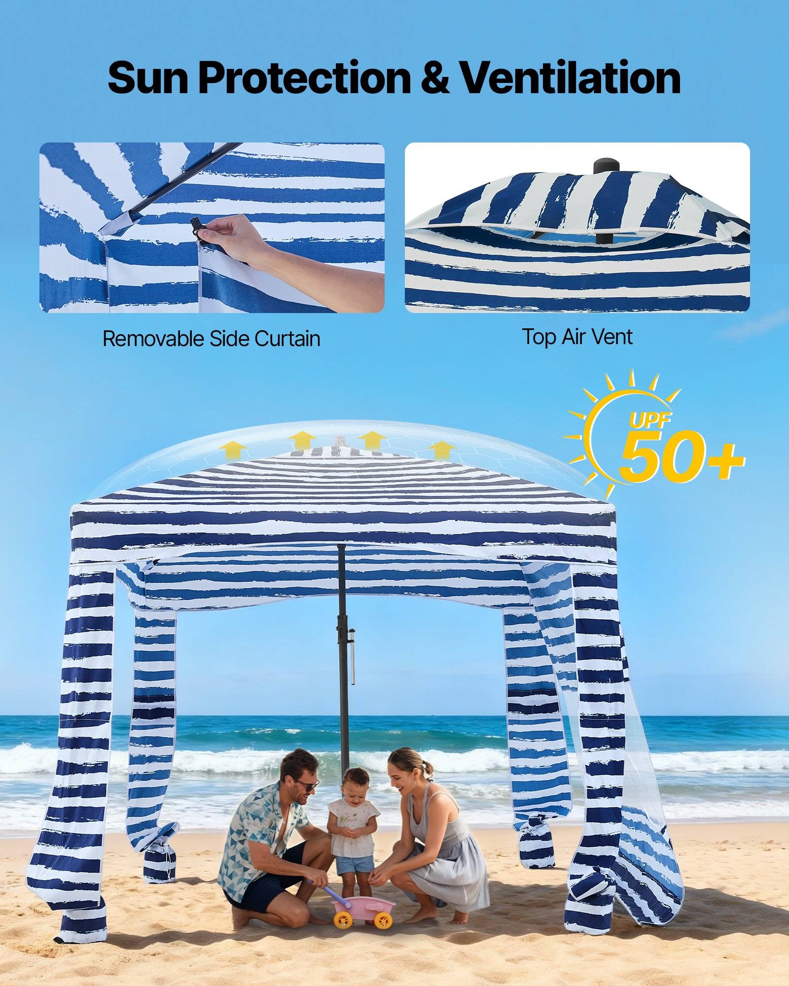 Strandpavillon mit Funktionen „Sonnenschutz & Belüftung" mit abnehmbarem Seitenseitenbehang, oberer Lüftungsöffnung und UPF-50+-Schutz über einer Familie im Sand.