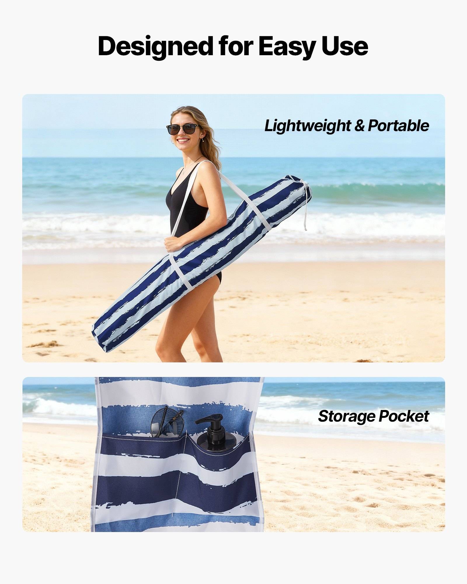 Strandprodukt-Promo mit einer Frau, die eine gestreifte tragbare Matte trägt; eine Vergrößerung zeigt eine Aufbewahrungstasche und den Text „Designed for Easy Use" und „Lightweight & Portable"".