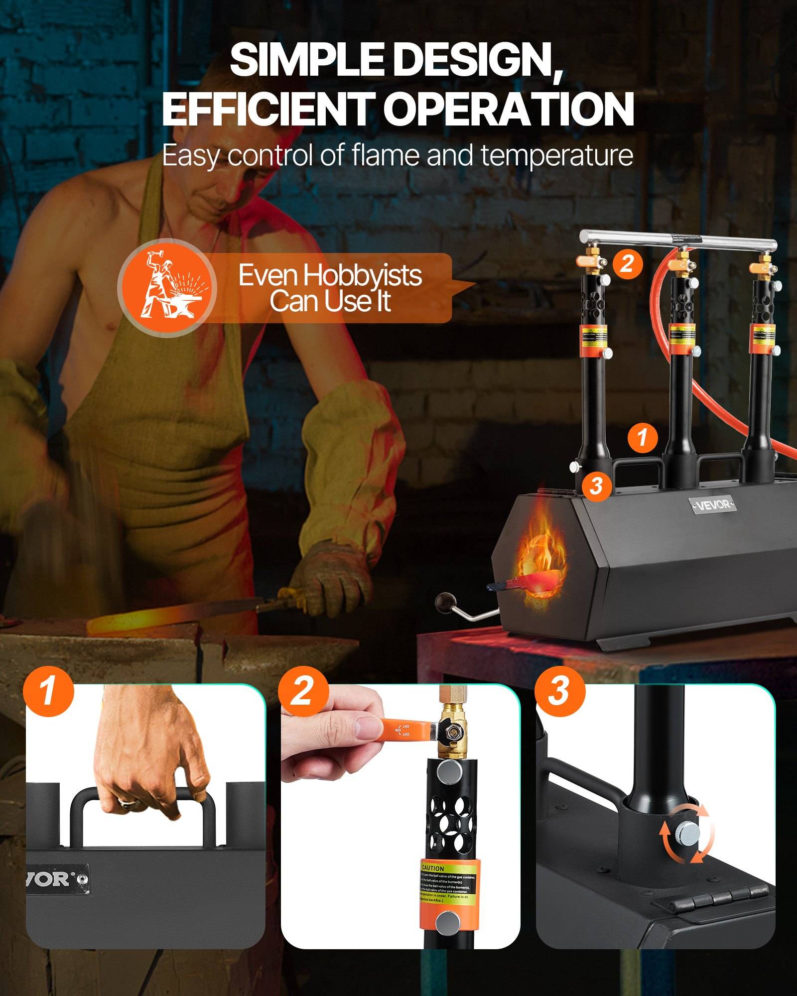 Werbebild einer Tischplattenflammenmaschine mit fettgedrucktem Text „Einfaches Design, effiziente Bedienung" und „Einfache Kontrolle von Flamme und Temperatur"", plus drei Nahaufnahmen mit Schritten zur Verwendung.
