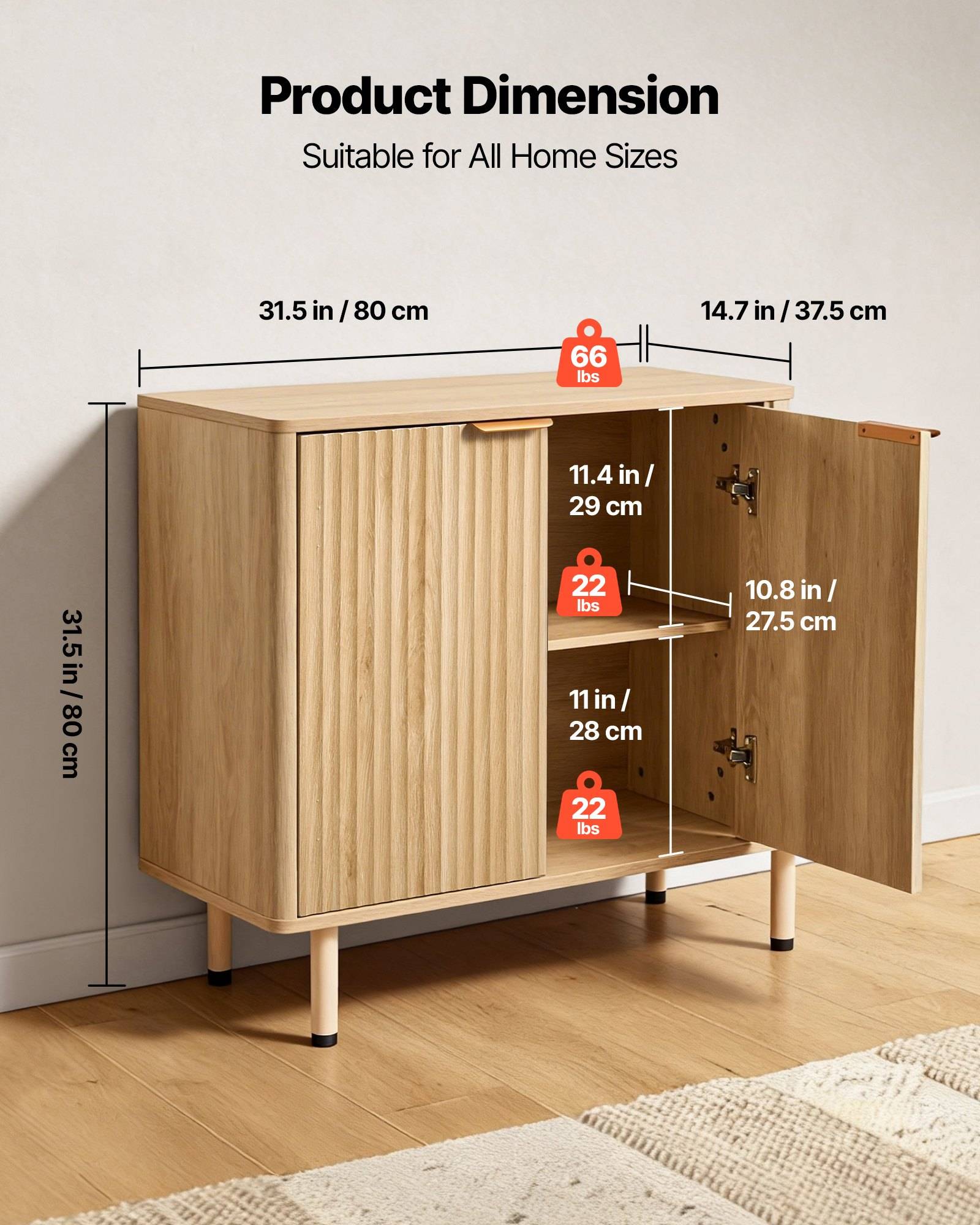 Produktdimensionsdiagramm eines Holzschranks: 31,5 Zoll B x 14,7 Zoll T x 31,5 Zoll H, mit zwei inneren Regalen mit einer Höhe von 11,4 Zoll und 11 Zoll.