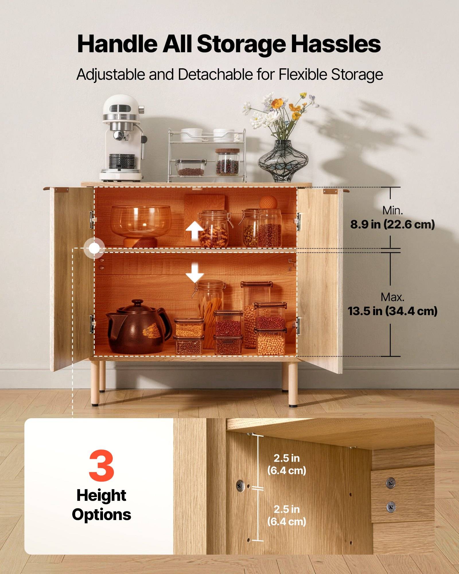 VEVOR Sideboard Küchenschrank mit 2 Ablageflächen, Buffetschrank im mittelalterlichen Stil für Wohnzimmer Eingangsbereich Küche, Aufbewahrungsschr