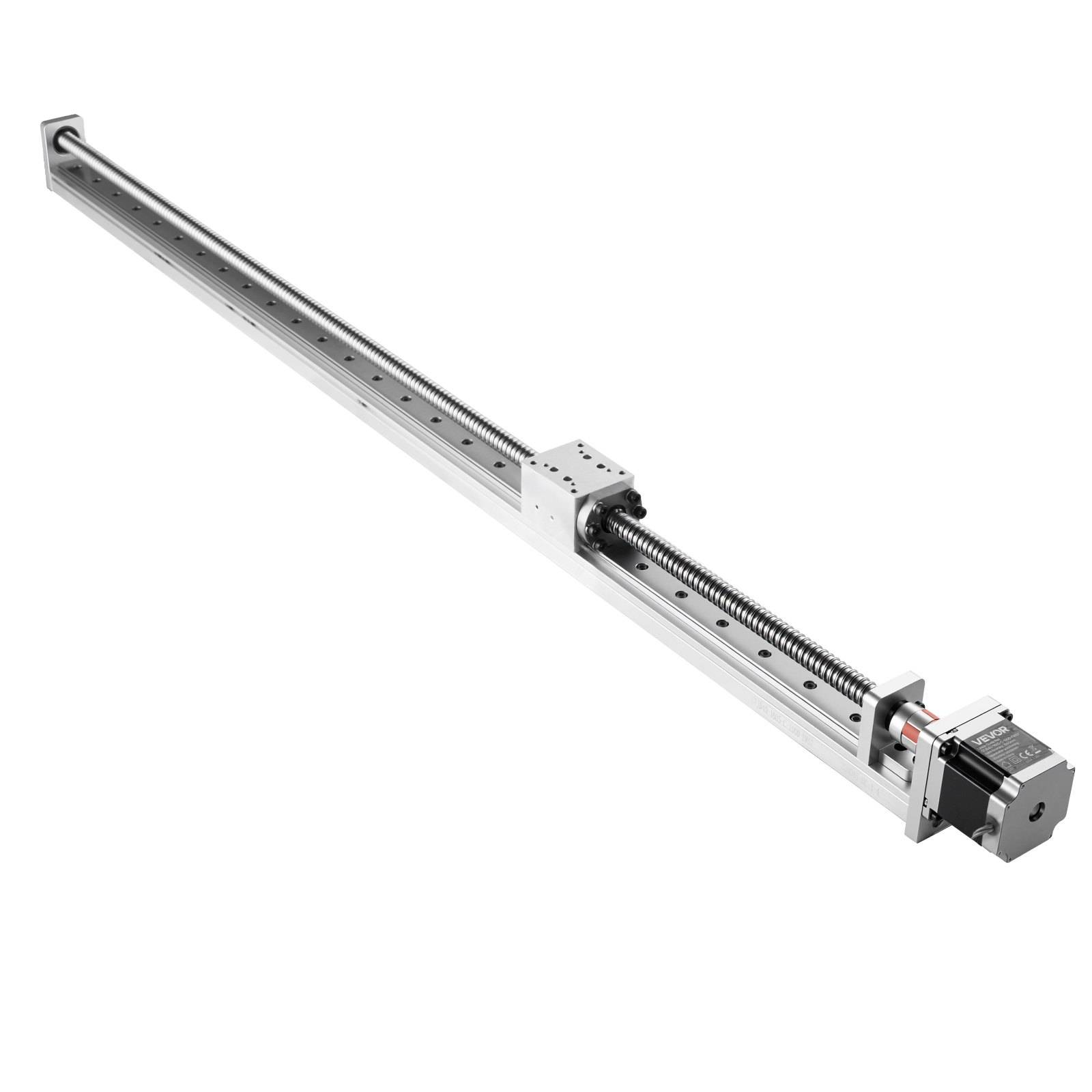 Linearantrieb mit langer Aluminiumschiene, Kugelgewindespindel und motorisiertem Schlitten auf weißem Hintergrund.