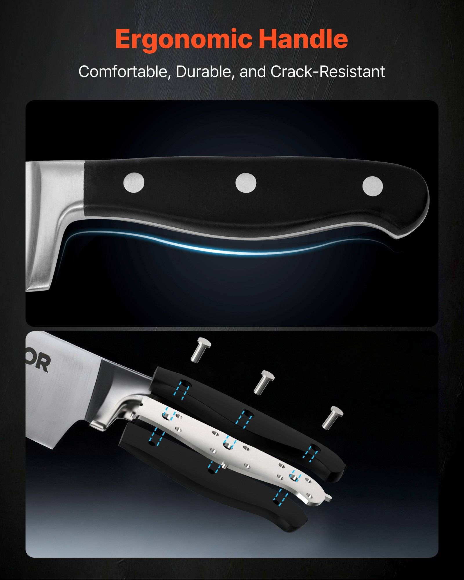Produktanzeige mit einem Messer mit „ergonomischem Griff" und dem Text „Komfortabel, langlebig und rissbeständig"", wobei der gebogene Griff und die mehrschichtige Konstruktion des Griffes hervorgehoben werden.