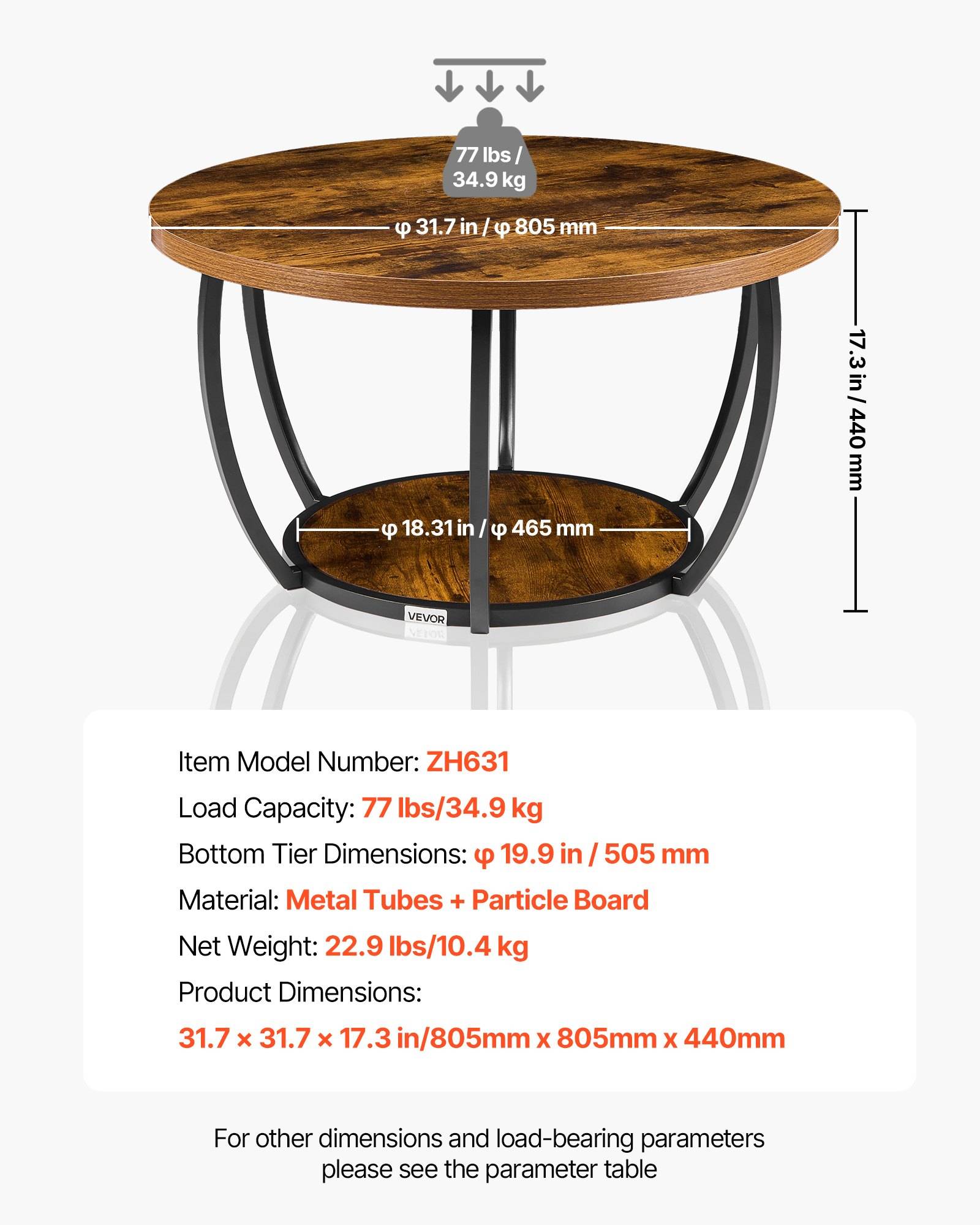 Runder Holztisch mit zwei Ebenen und schwarzem Metallrahmen; maximale Tragfähigkeit der oberen Platte 77 lb, Gesamtgröße 31,7 x 17,3 x 17,3 Zoll, untere Ebene 18,3 Zoll breit.