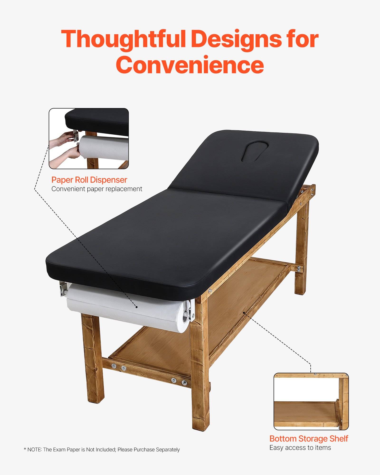Abbildung eines Massagetisches mit integriertem Papierrollen-Spender und Stauraum-Regal unten, mit dem Titel „Durchdachte Designs für Komfort".