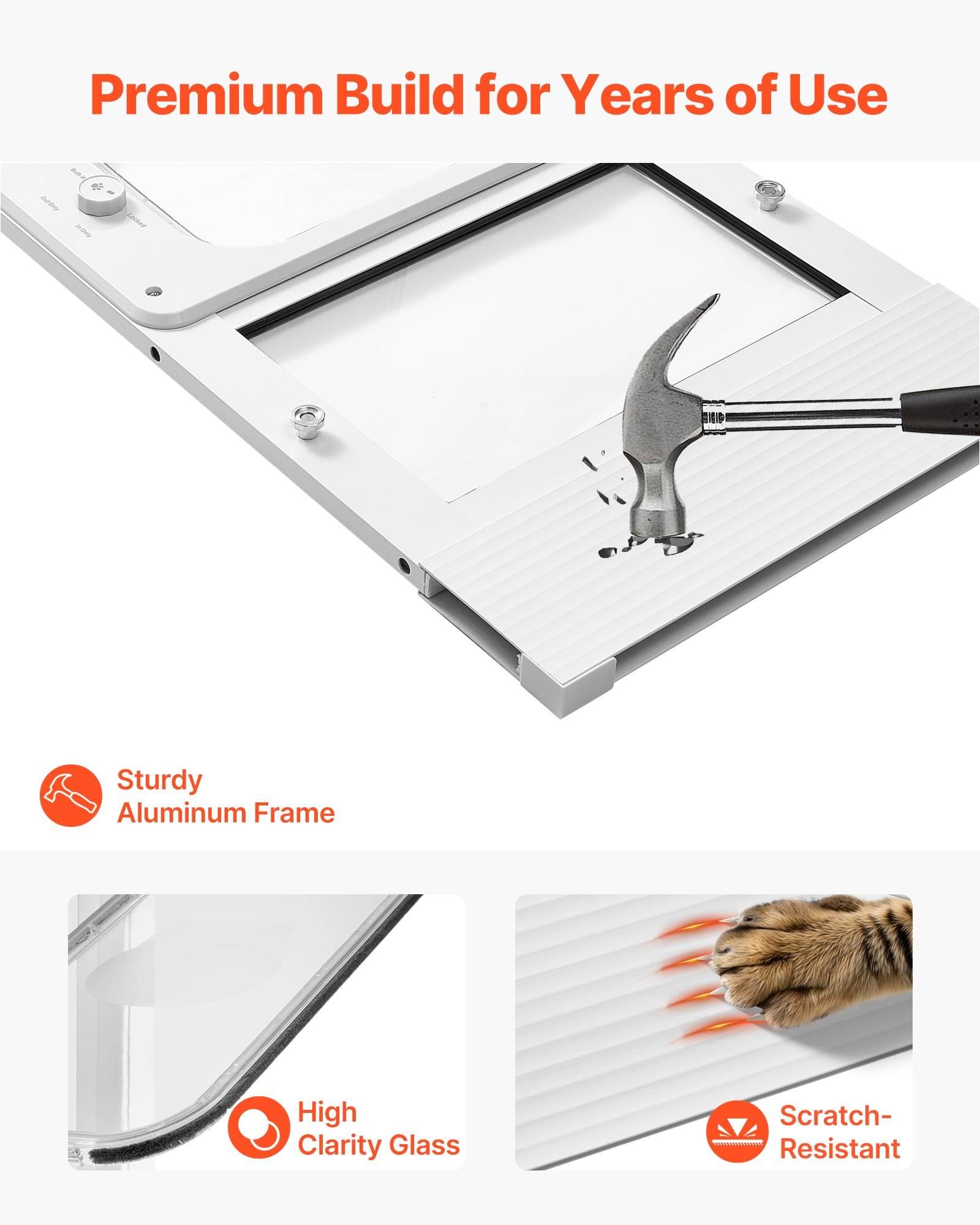 Produktpromo mit Aluminium-Rahmen und Glaspanel, gekennzeichnet mit „Premium-Qualität für jahrelange Nutzung", mit Hinweisen auf stabilen Aluminium-Rahmen, hochklare Verglasung und Kratzerbeständigkeit.