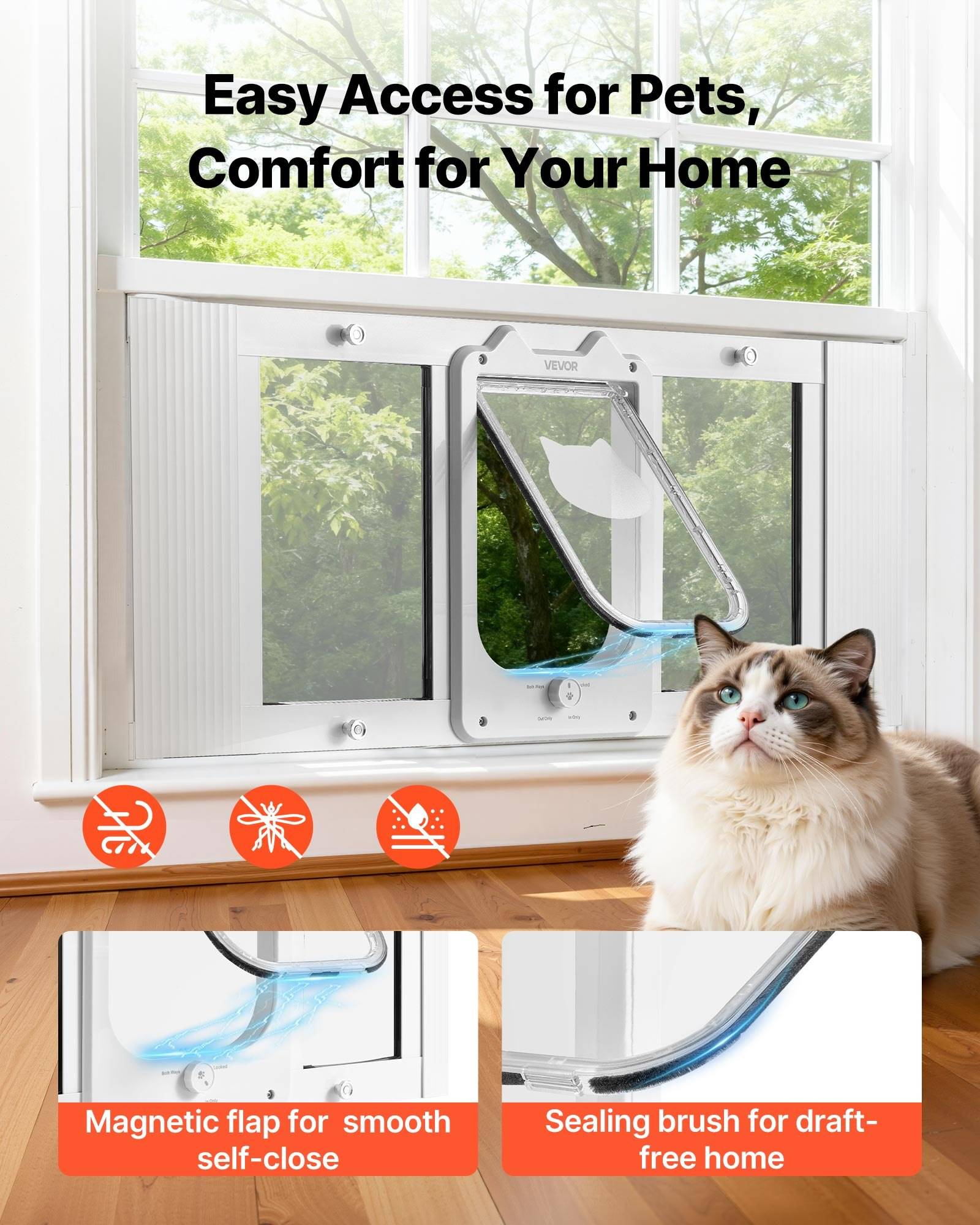Haustiertür in einem Fenster mit einer Katze in der Nähe; Text lautet „Einfacher Zugang für Haustiere, Komfort für Ihr Zuhause" und hebt die magnetische Klappe und Dichtstiftfunktionen hervor.