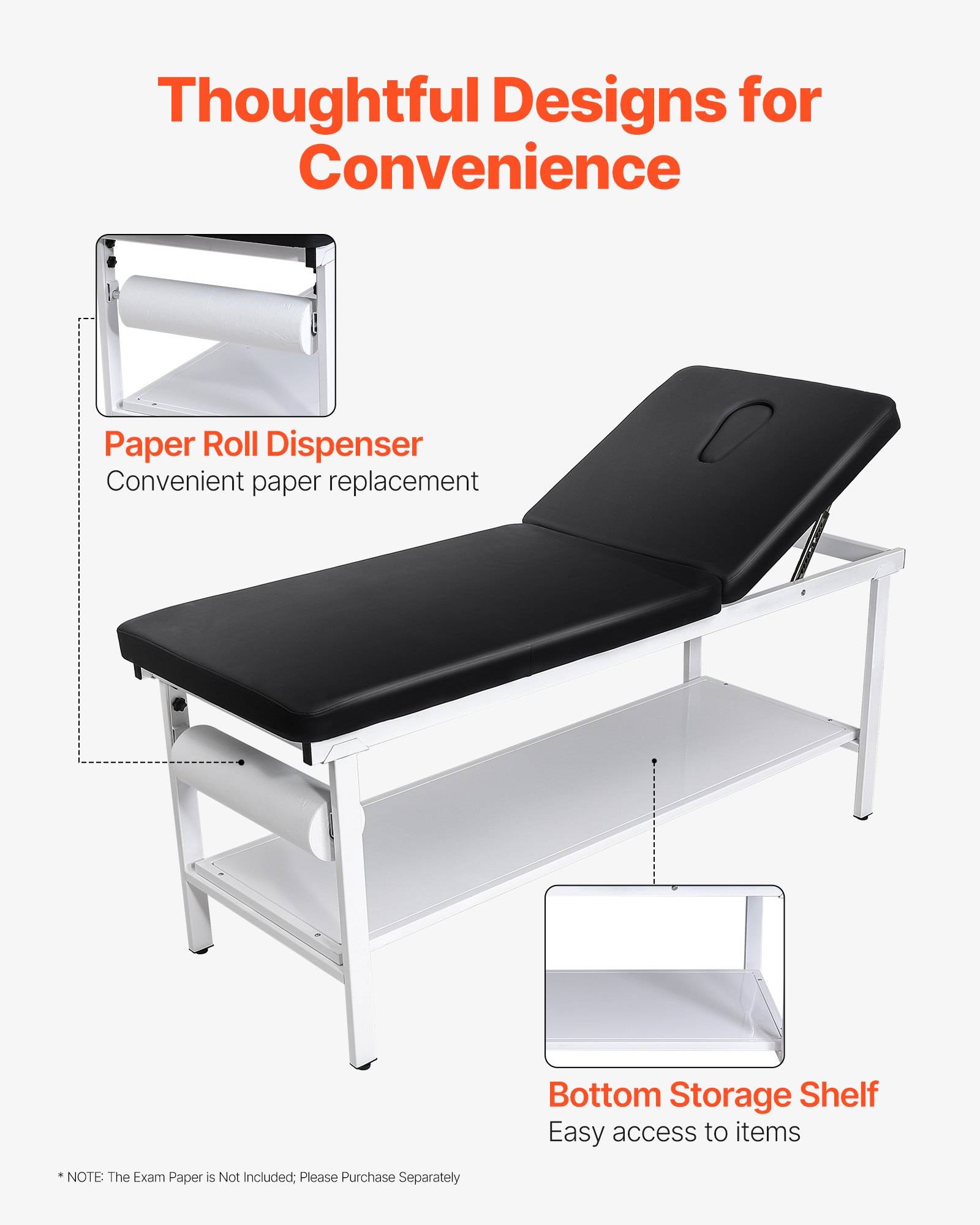 Untersuchungstisch mit integriertem Papierrollenspender und Ablageboden, hervorgehoben als „Durchdachte Designs für Komfort".