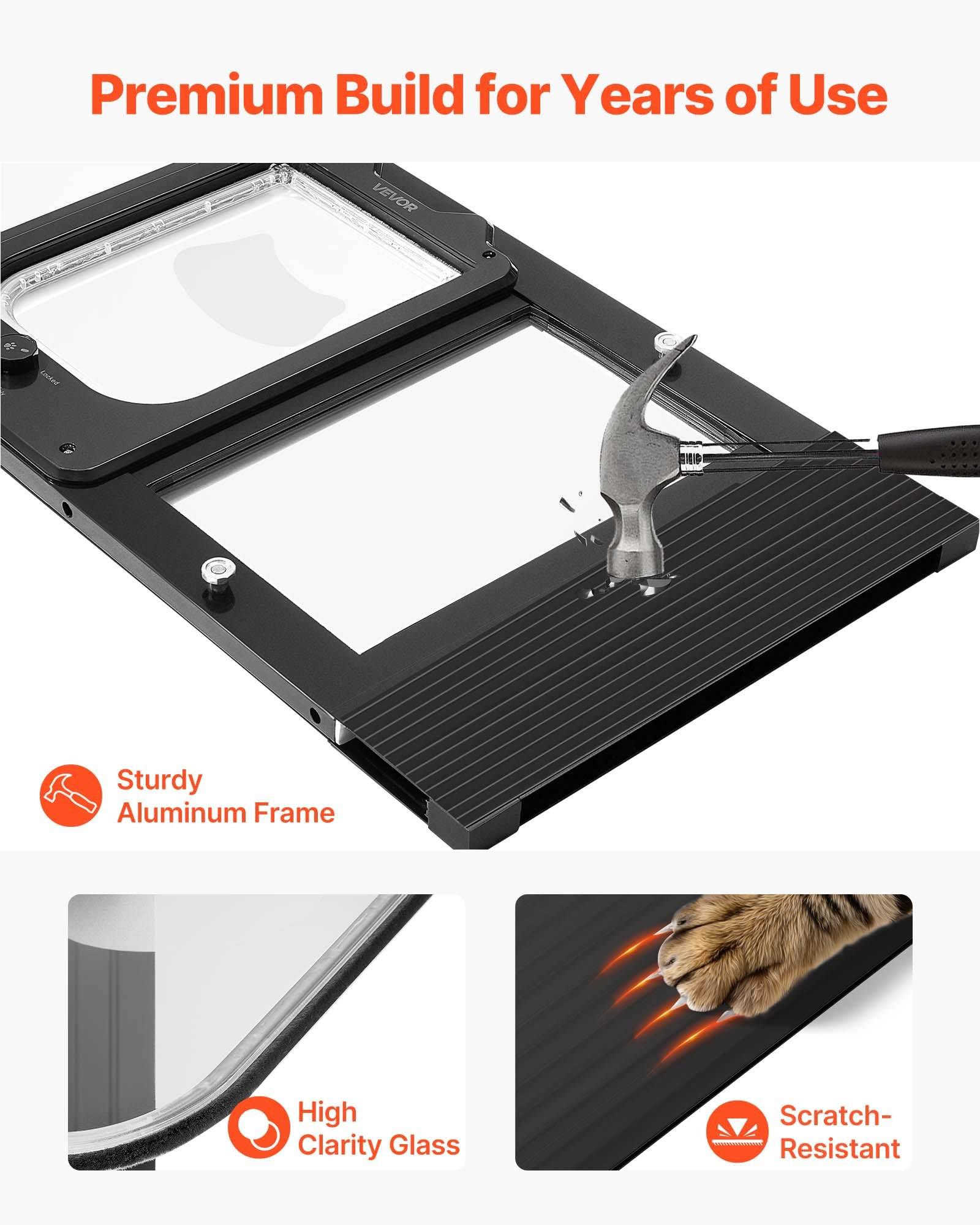 Produktmerkmal-Grafik zeigt einen stabilen Aluminium-Rahmen mit hochklarer Verglasung und kratzfester Oberfläche, beschriftet mit „Premium-Verarbeitung für jahrelange Nutzung".