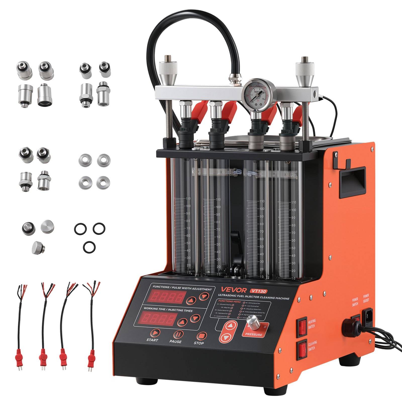 Brennstoffeinspritzenreinigungs- und Prüfmaschine mit vier Einspritzerdichtungen, Druckmessgerät, Bedienfeld, Schläuchen und beiliegenden Adaptern, die daneben angeordnet sind.