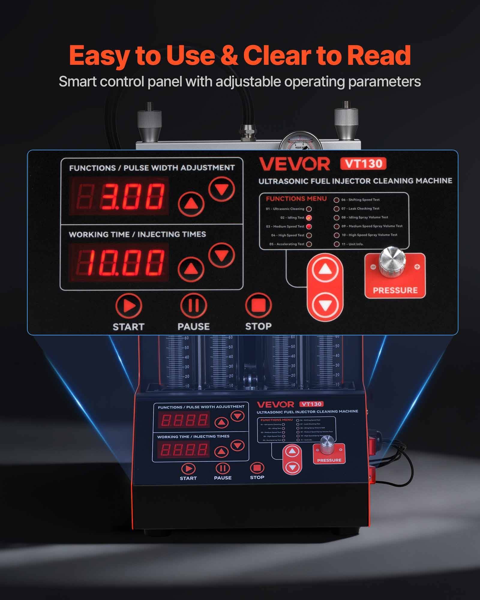 VEVOR VT130 Ultraschall-Kraftstoffeinspritzereinigungsmaschine Bedienfeld mit digitalen Anzeigen, Funktionsmenü, Start-/Pause-/Stopp-Tasten und Druckeinstellung.