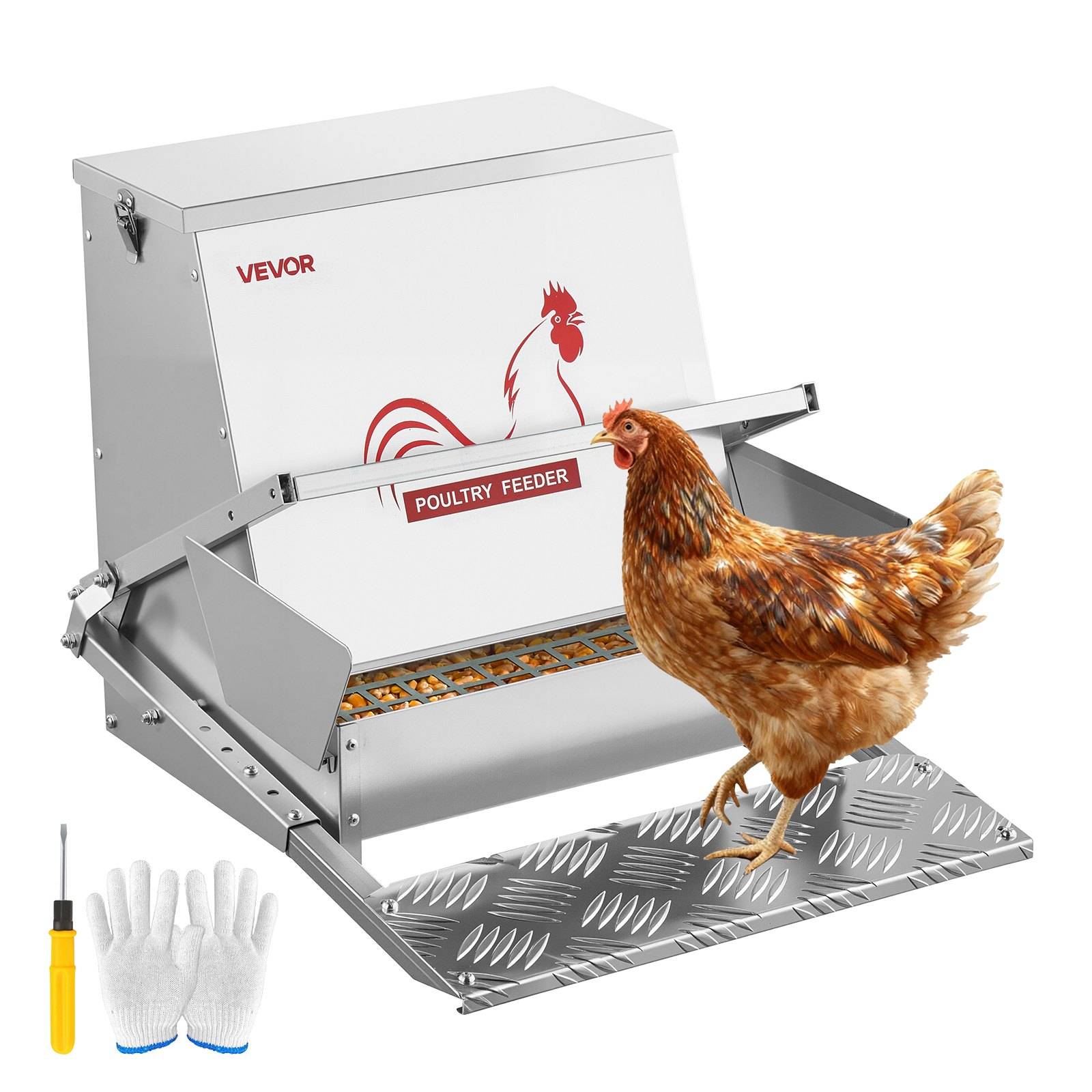 VEVOR Geflügelfütterung mit einem Huhn, das auf dem Trittbrett steht, sowie ein Schraubenzieher und Handschuhe, die als mitgelieferte Zubehörteile gezeigt werden.
