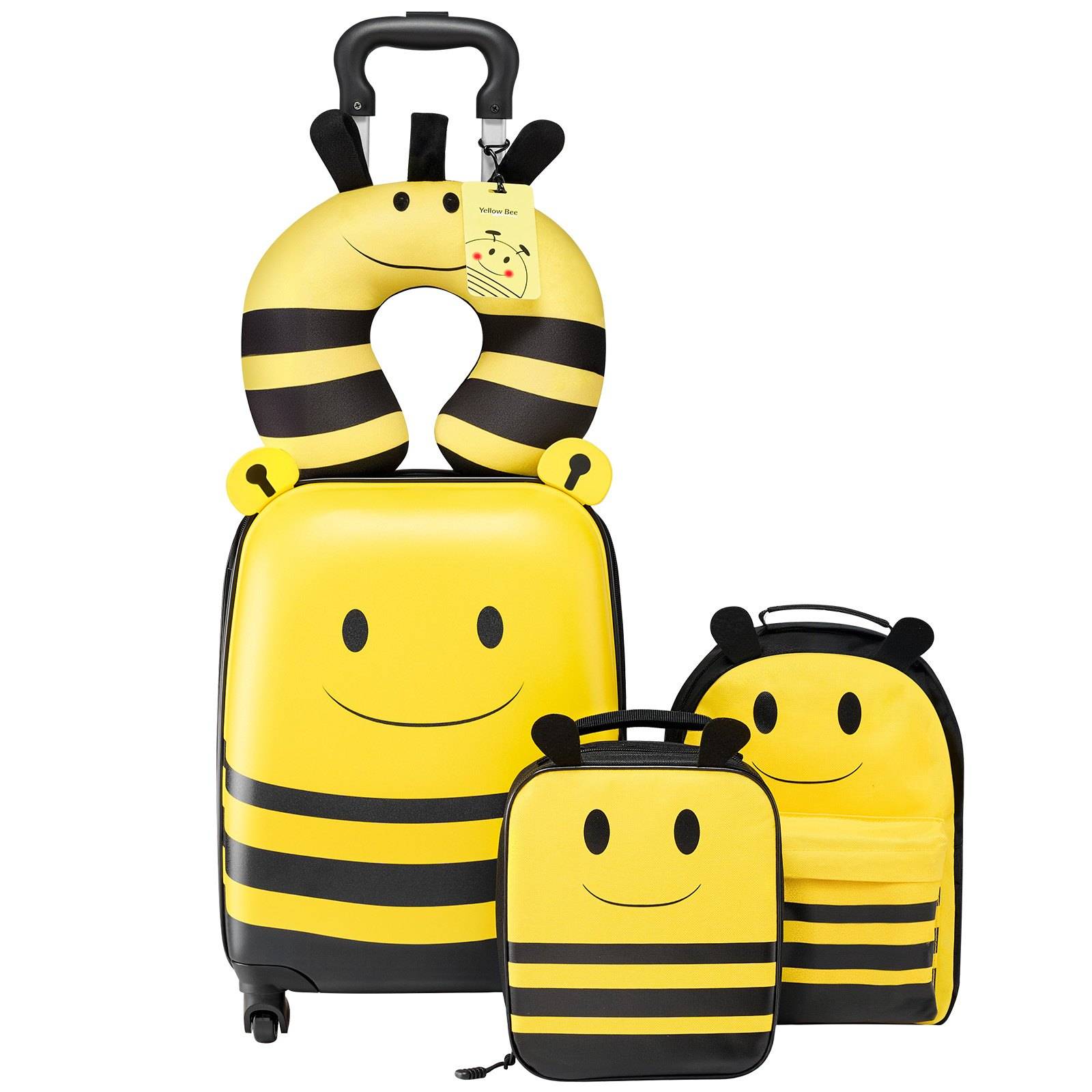 Gelbes Bienen-Thema-Kofferset: Ein Rollkoffer, ein Rucksack und ein Nackenkissen mit lachenden Gesichtern und schwarzen Streifen.