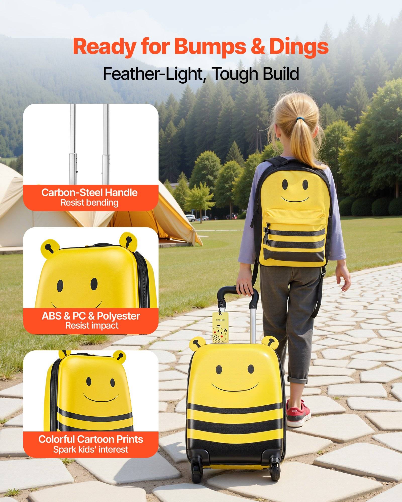 Kind mit gelbem Rucksack mit Smiley-Gesicht und passendem Rollkoffer in einem Park; die Anzeigentexte heben „Bereit für Beulen & Dellen" und robuste, leichte Konstruktion hervor.