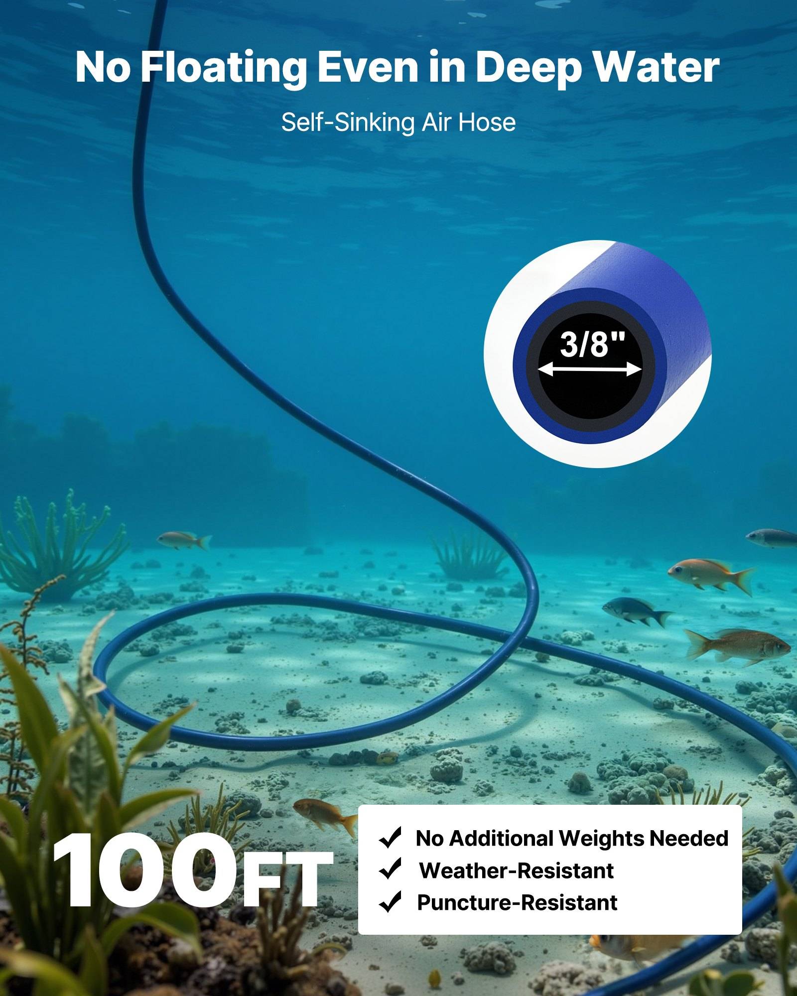 Werbung für selbstversenkendes Luftschlauch-System für tiefes Wasser; der Text besagt „Sinkt auch in tiefem Wasser nicht auf", „100FT"", „3/8"""" und listet keine zusätzlichen Gewichte, wetterfest, durchstoßfest auf.