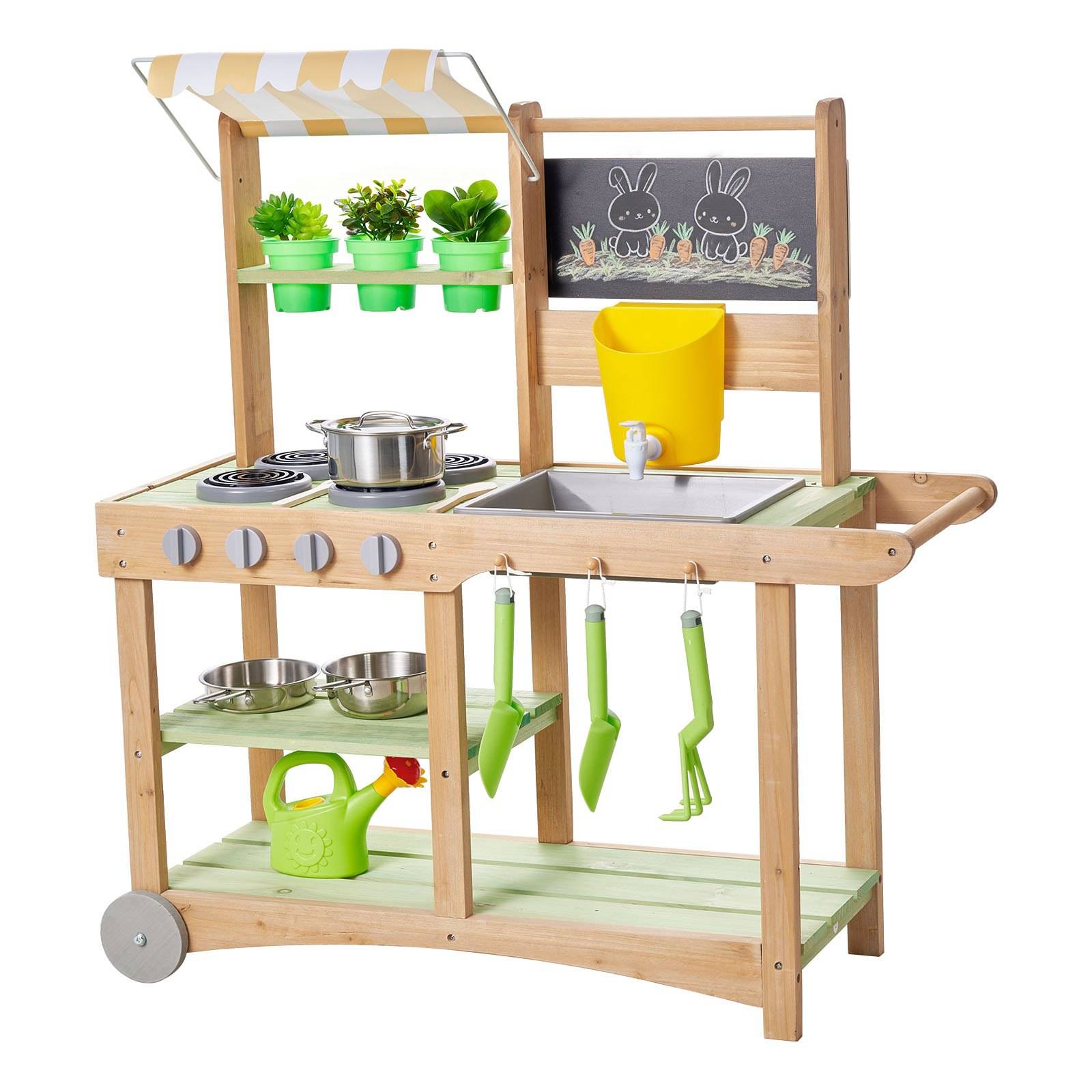 Holzspielküche für Kinder mit Herd, Spüle, Regalblumenkästen, hängenden Utensilien, Tafel und gestreiftem Baldachin oben.