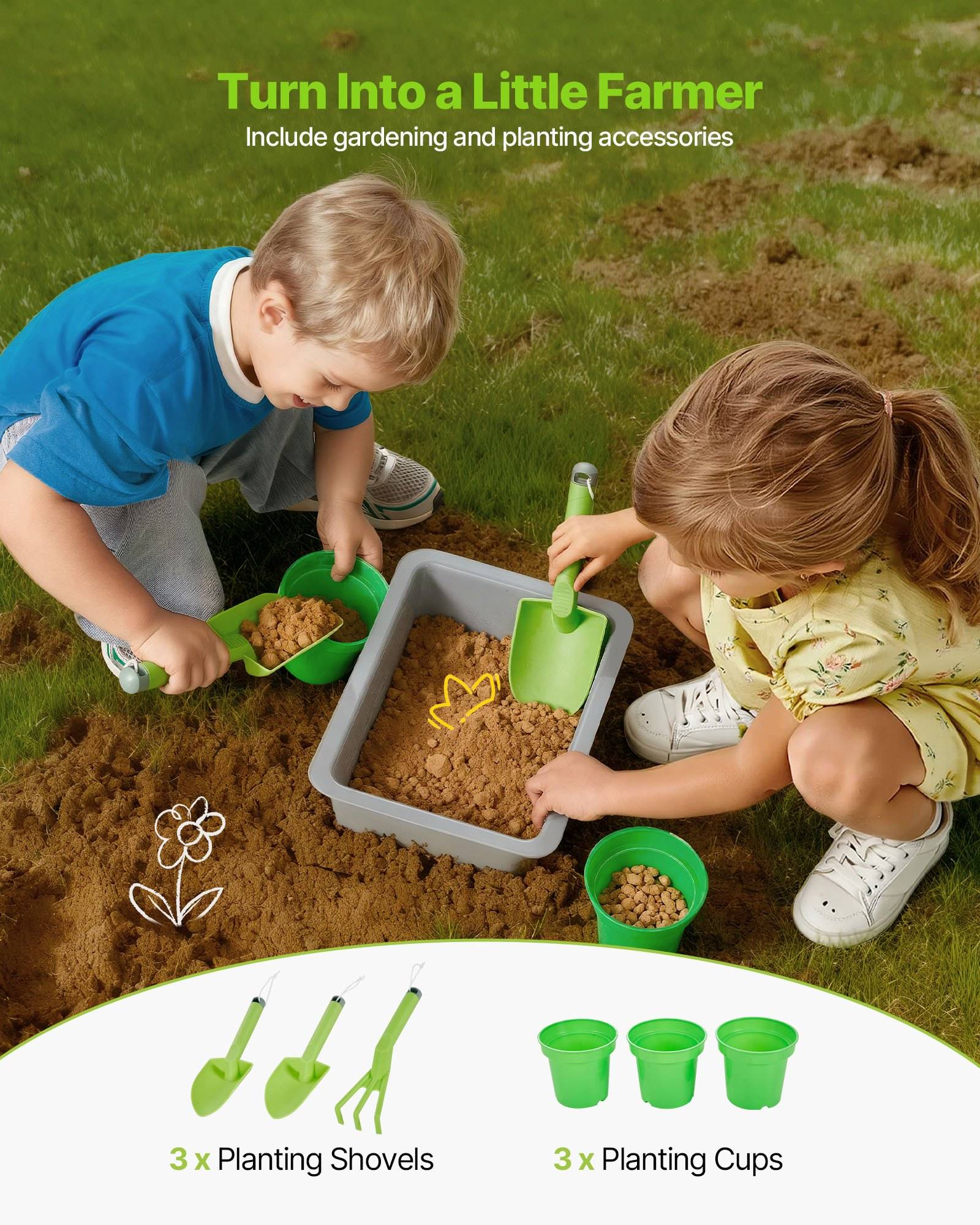 Zwei Kinder, die mit Schaufeln auf Gras gärtnern und Pflanzbecher verwenden; der Text lautet „Verwandle dich in einen kleinen Bauern" und „Beinhaltet Garten- und Pflanzenzubehör"", zeigt 3 Schaufeln und 3 Becher.