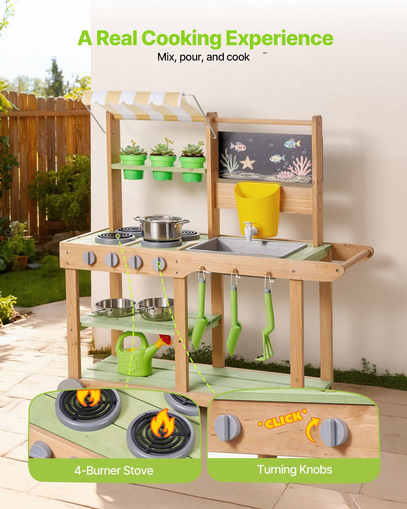 Eine Kinderoutdoor-Spielküche mit Vier-Flammen-Herd, Spüle, hängenden Utensilien, Töpfen und drehbaren Knöpfen, mit der Aufschrift „A Real Cooking Experience" (Ein echtes Kocherlebnis) und „Mix, pour, and cook"" (Mischen, gießen und kochen).