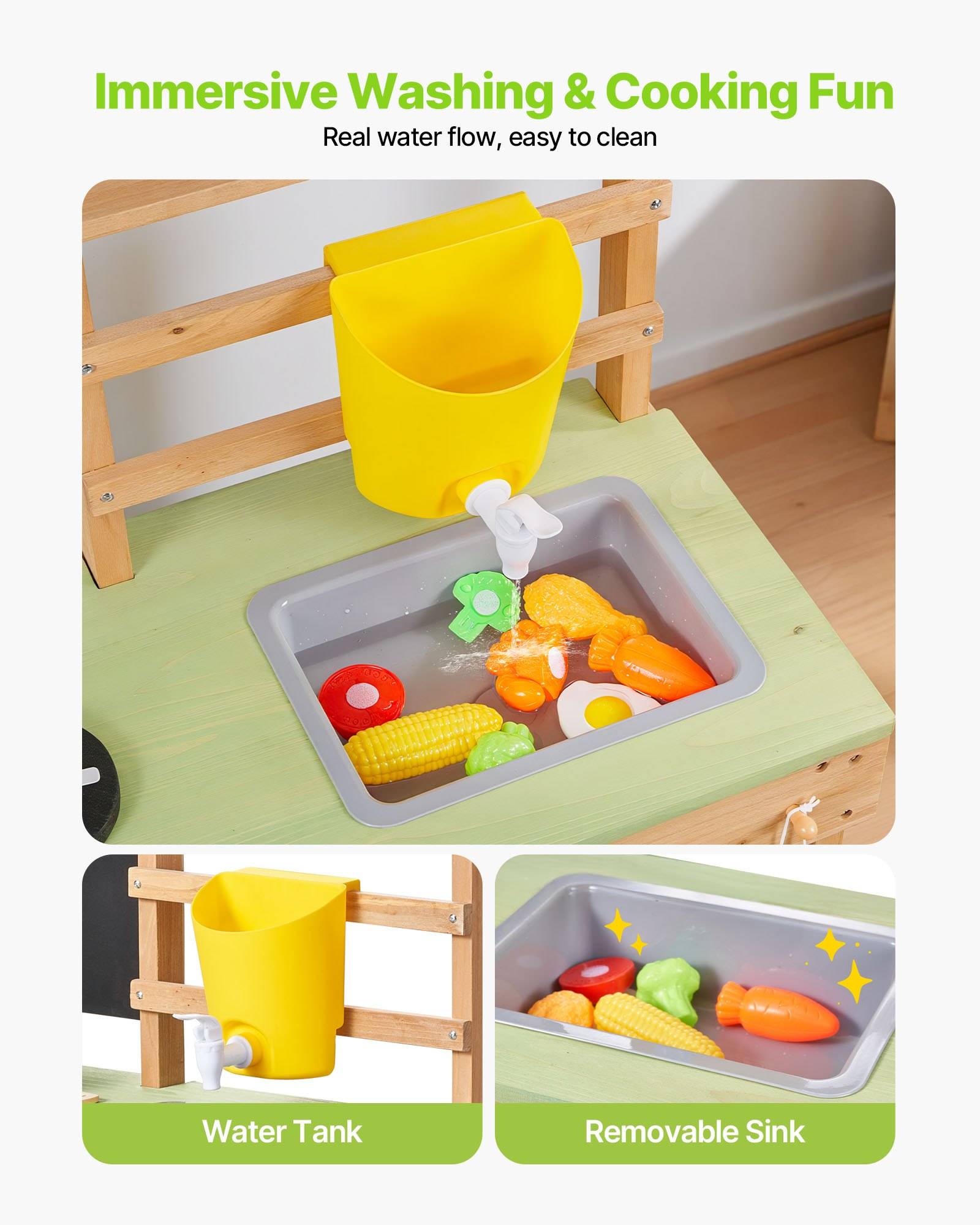 Holzspielküche mit gelbem Wassertank und abnehmbarem Spülbecken, das Wasserspiele zeigt, sowie Beschriftungen „Wassertank" und „Abnehmbares Spülbecken"".