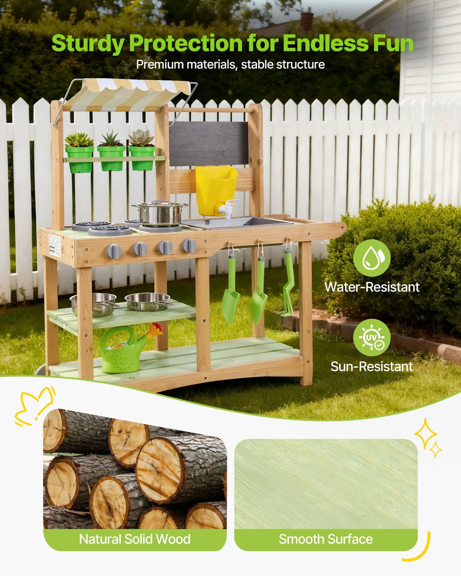 Outdoor-Spielküche aus Holz mit Markise und Utensilien im Garten, gekennzeichnet mit „Robuster Schutz für endlosen Spaß"; hebt wasserbeständig, sonnenbeständig, massives Naturholz und glatte Oberfläche hervor.