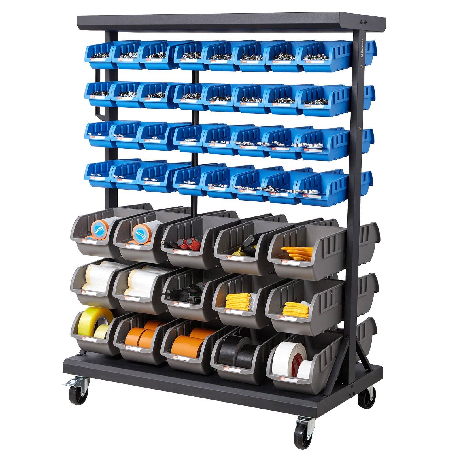 Mobiles Lagersystem mit Fahrgestell mit vielen blauen, schwarzen und grauen Kunststoffbehältern zur organisierten Lagerung von Teilen oder Werkzeugen.