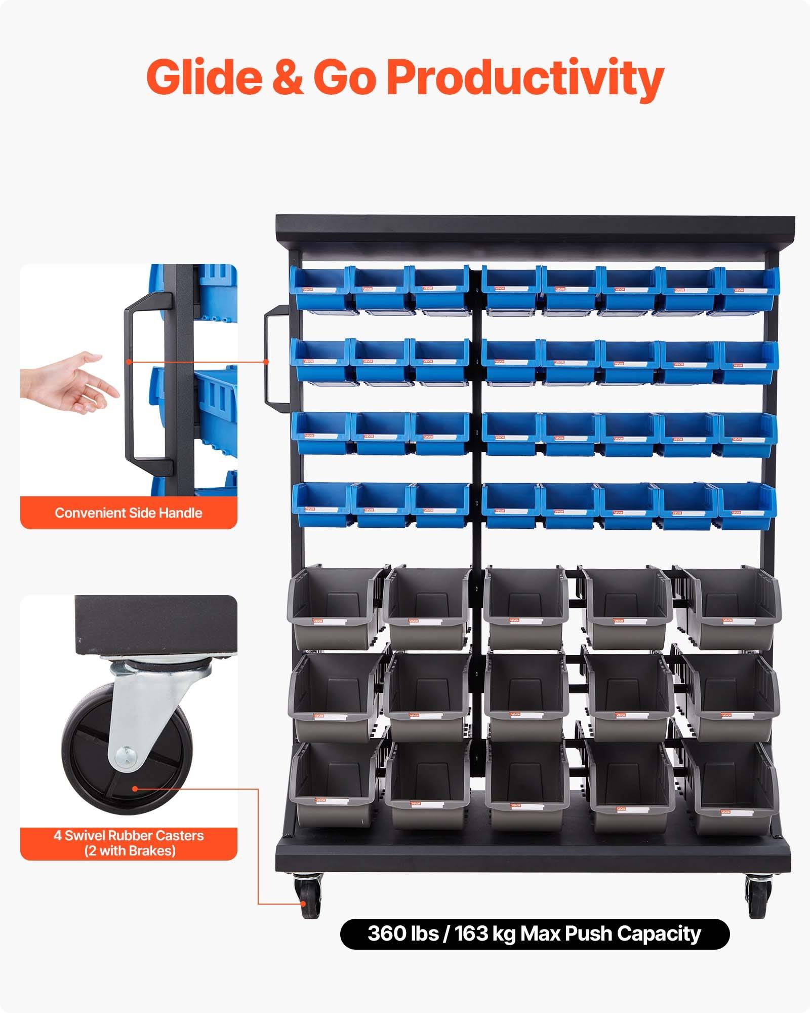 Produktpräsentation eines Glide & Go Lagerwagens mit Seitenhalt, 4 drehbaren Gummirollern mit Bremsen und einer maximalen Schubkapazität von 360 lbs; enthält viele Behälter.